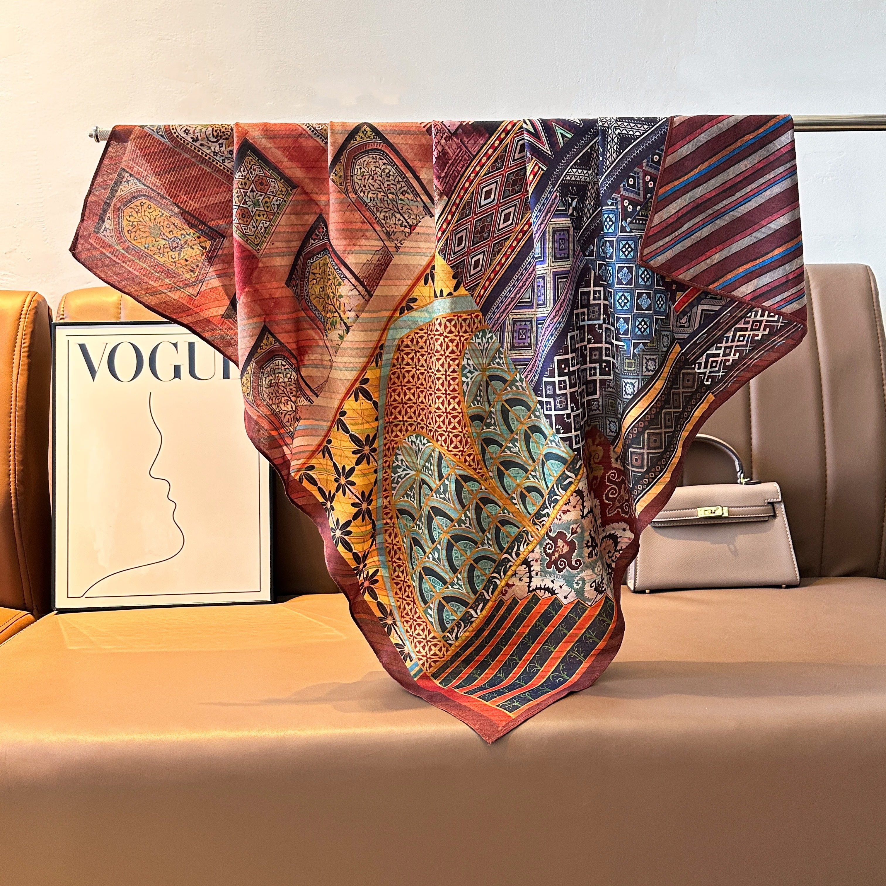 The 25-year new women's double-sided square scarf is a versatile and fashionable printed oil painting silk scarf and shawl. It is a high-end trendy accessory for spring, summer, autumn and winter Specification image