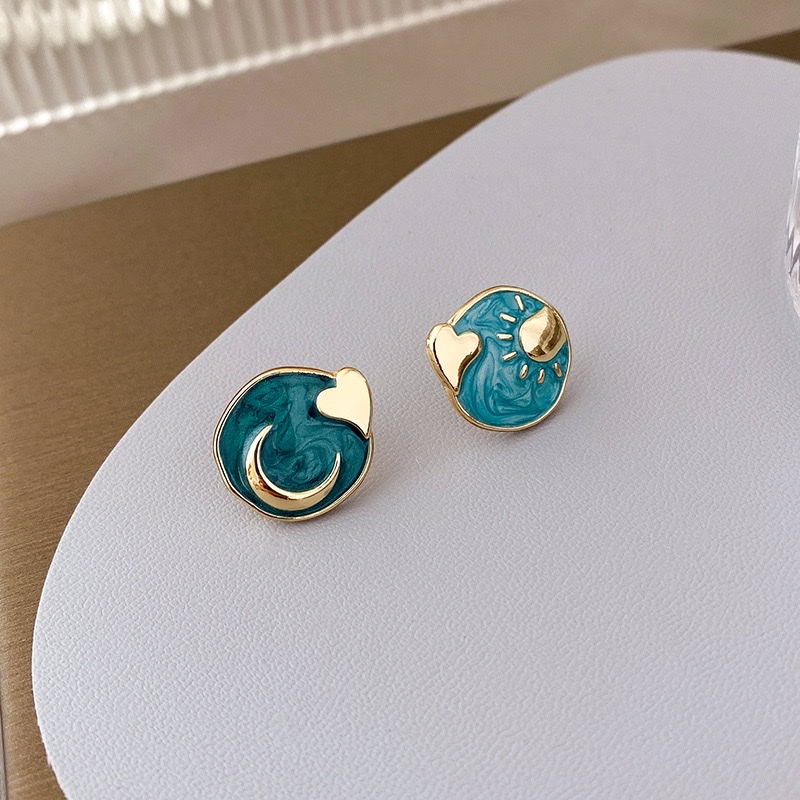 Blue Sun, Moon And Starry Sky Autumn And Winter Retro Earrings, Women's Ear Studs, Silver Needles, Elegant Internet Celebrity, High-End Feel, French Style Earrings details Picture