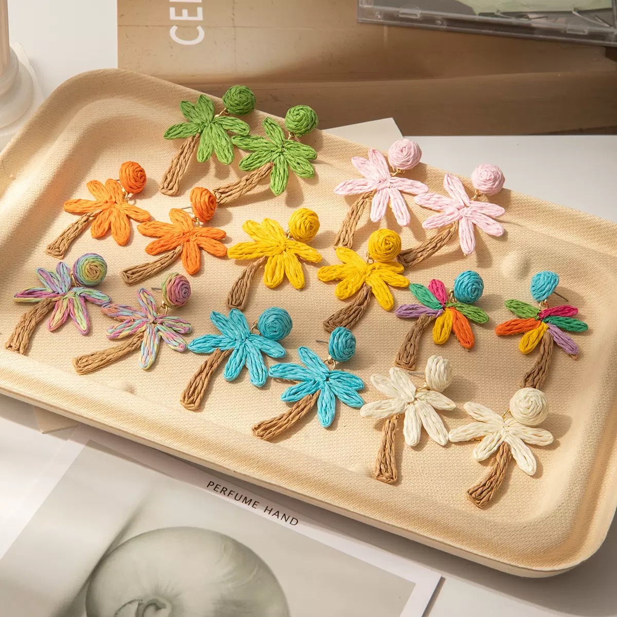 Hawaiian vacation style Raffie grass coconut tree earrings, Bohemian summer colorful hand-woven earrings, jewelry earrings