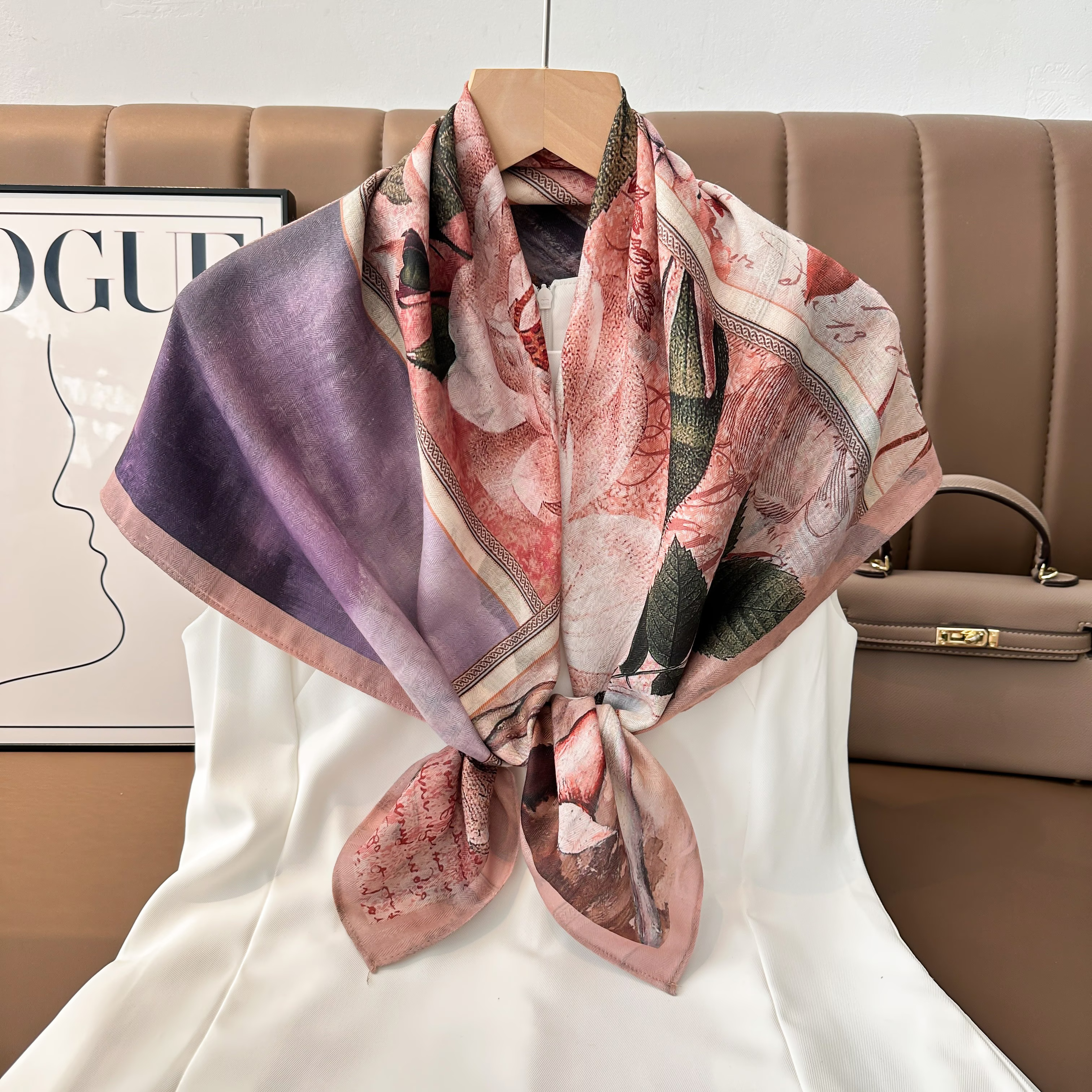 The 2025 new women's double-sided square scarf is a versatile and fashionable printed oil painting silk scarf, a fashionable shawl, and a high-end trendy accessory for spring, summer, autumn and winter