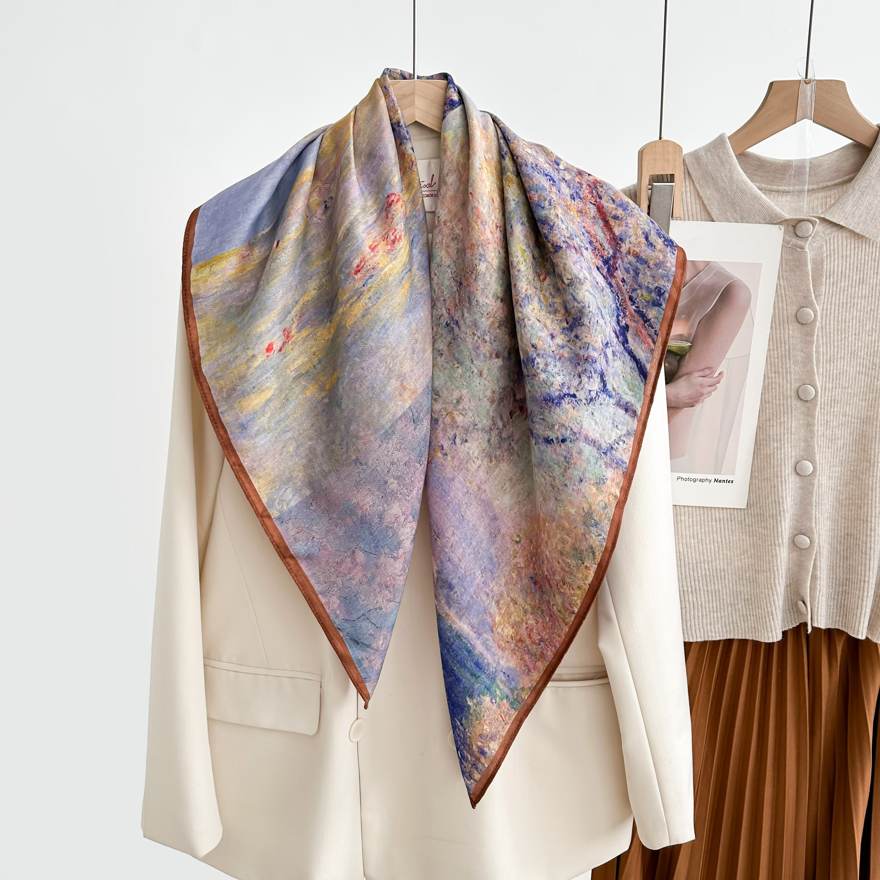 2025 New style square scarf for women, double-sided, versatile and fashionable printed oil painting silk scarf, fashionable shawl, high-end autumn and winter trendy accessory details Picture