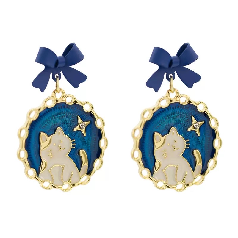 小众设计感气质猫咪蓝色蝴蝶结耳环时尚洋气高级感无耳洞软垫耳夹细节图
