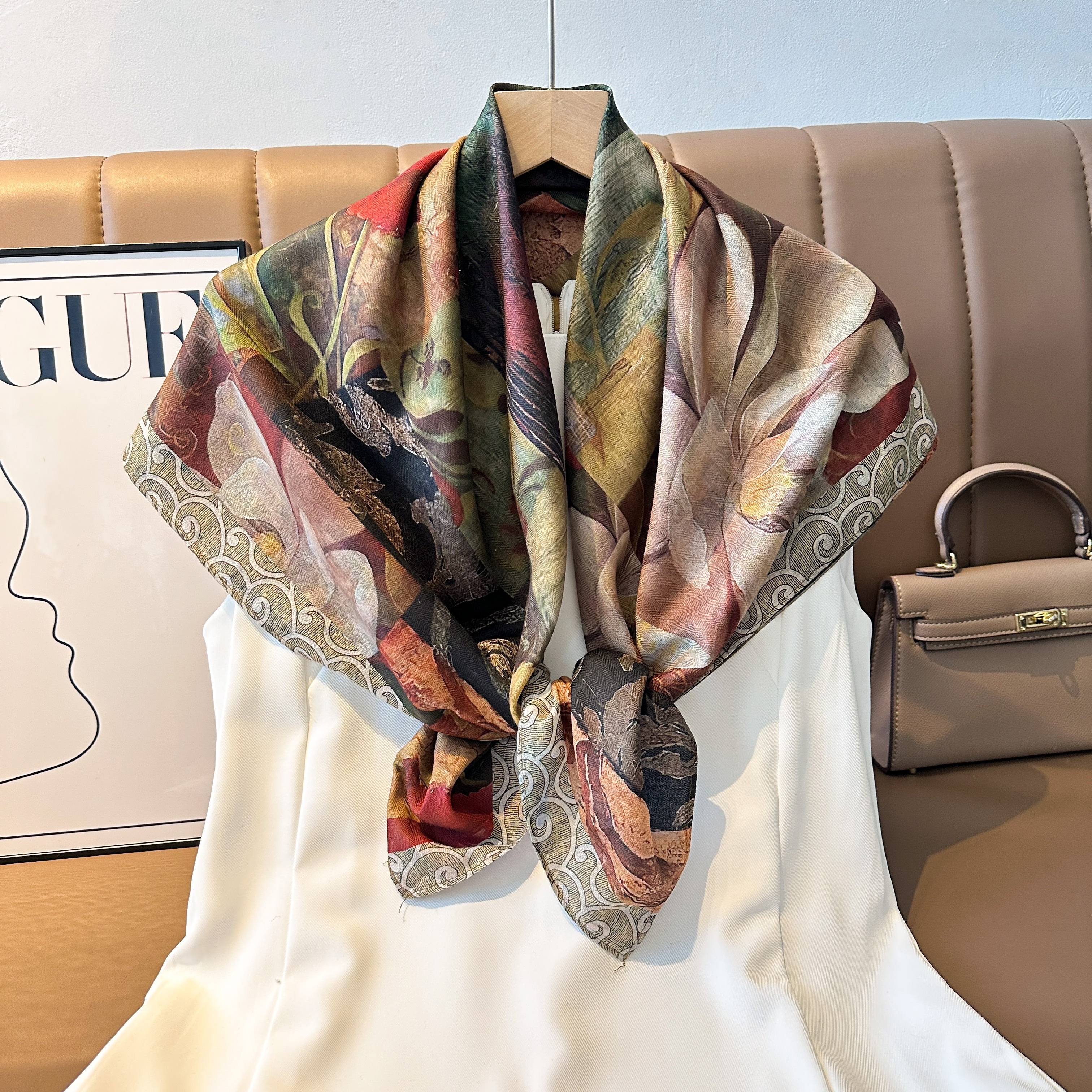 The new women's double-sided square scarf is a versatile and fashionable printed oil painting silk scarf and shawl. It is a high-end trendy accessory for spring, summer, autumn and winter