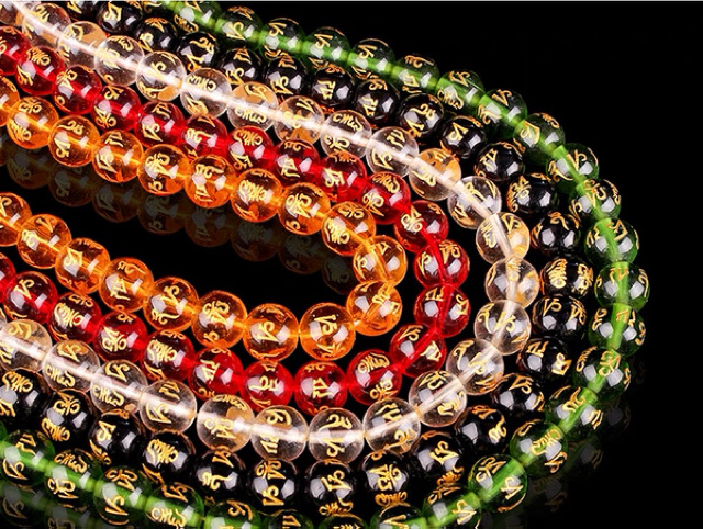 水晶玻璃烫金珠diy烫金玻璃珠六字真言烫金圆珠饰品配件手串项链配件