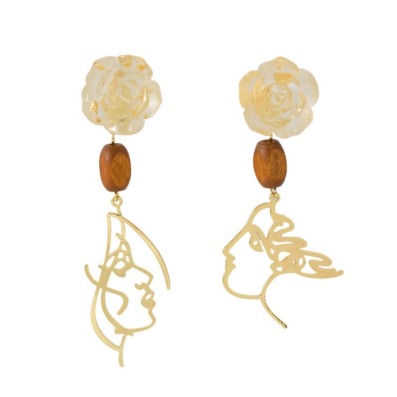 French Retro Rose Abstract Figure Earrings, Stud Earrings, Asymmetrical Female Face, Long Mosquito-Repellent Incense Plate, Ear Clips, No Ear Holes Application Scenario