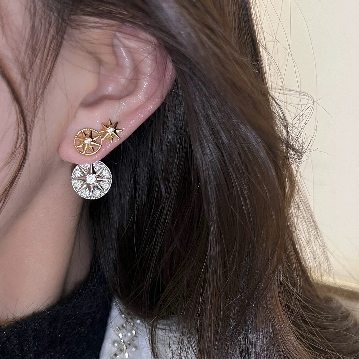 French round octagonal earrings, women's high-end and elegant zircon stud earrings, pure silver needle earrings, 2025 new bestseller, silver ring, women's personality, TiTi- French round octagonal earrings, double-sided elegant zircon super sparkling water diamond stud earrings, high-end and elegant earrings details Picture