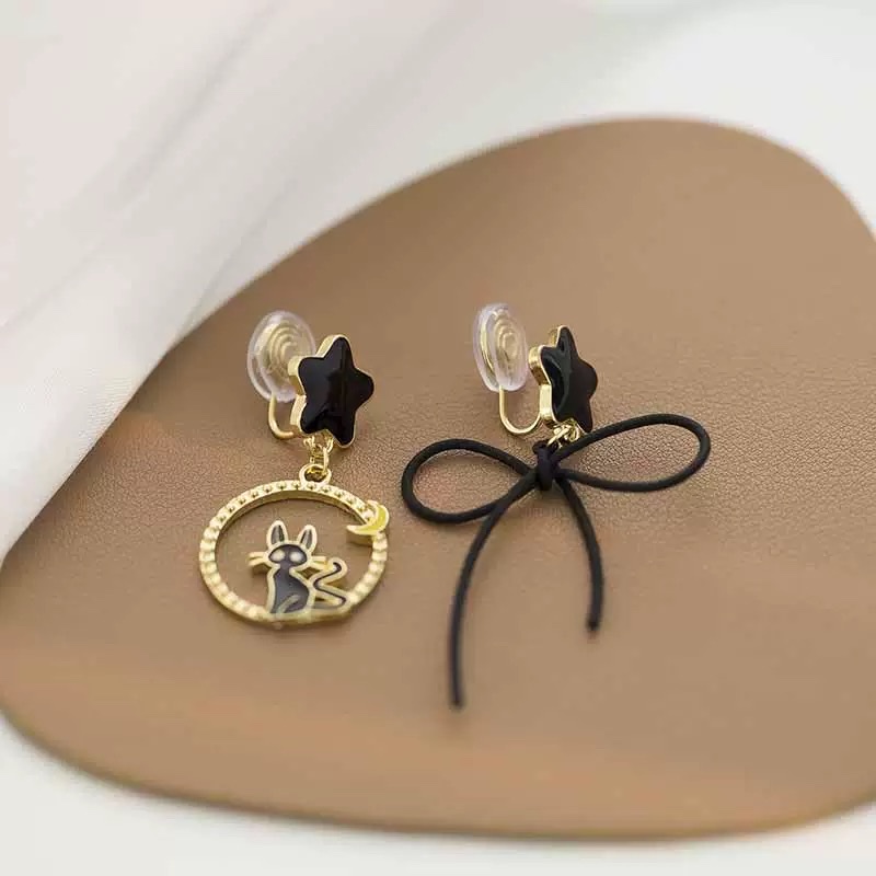 独特设计感气质轻奢耳饰黑色星星蝴蝶结猫咪耳环蚊香盘耳夹无耳洞 图