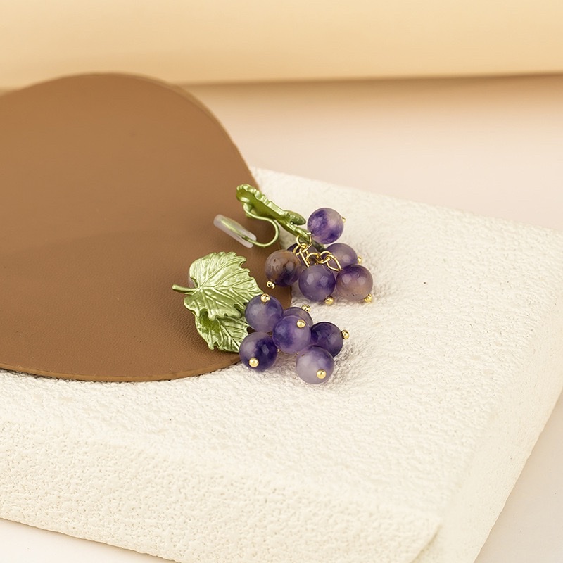 Artistic And Creative Vine Leaf Purple Grape Long Ear Studs, Light Luxury Country Fashion, No Ear Holes, Slimming Mosquito-Repellent Incense Plate Ear Clips Specification drawing
