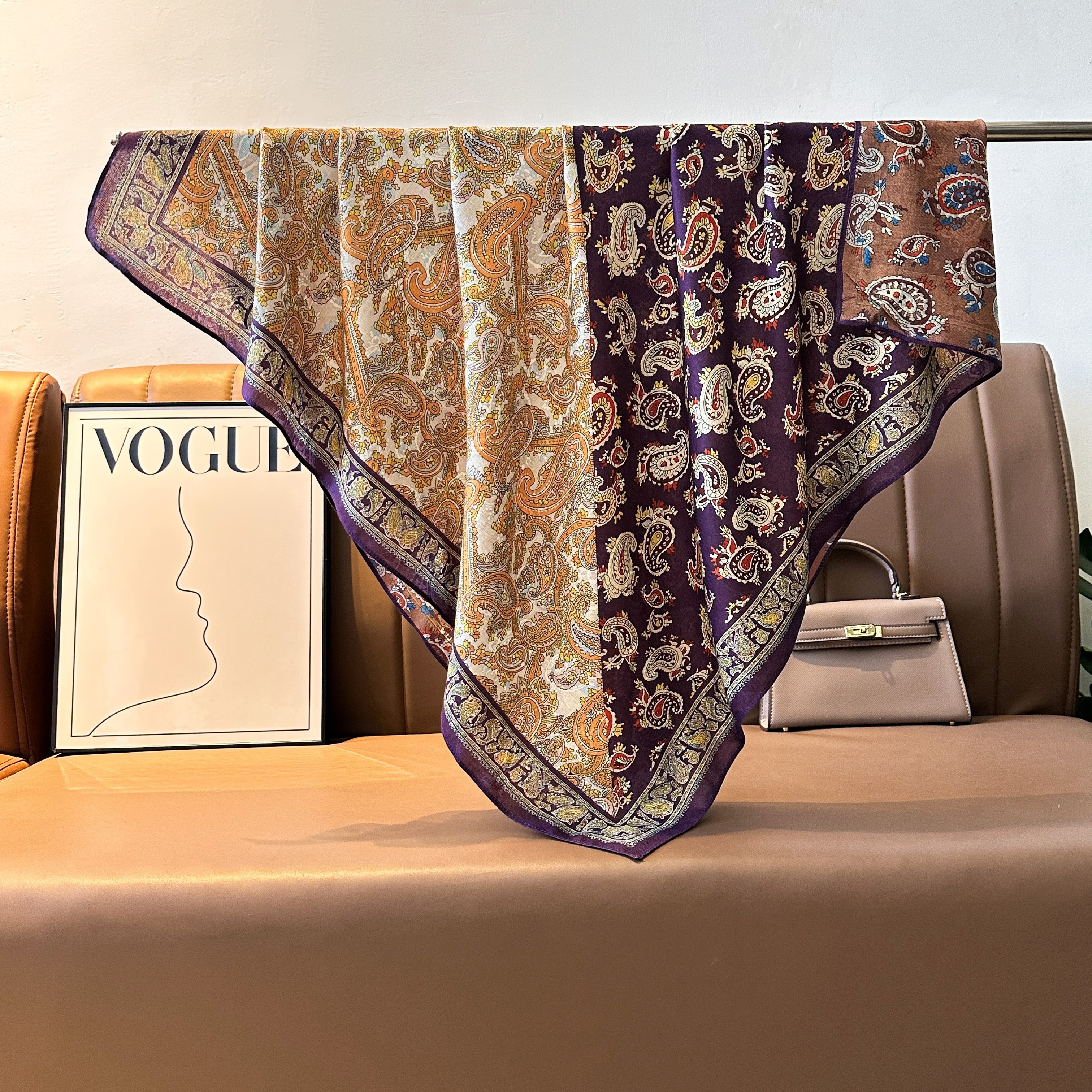 New women's double-sided dark, versatile and fashionable printed oil painting silk scarf, fashionable shawl, high-end trendy accessories for spring, summer, autumn and winter Specification image