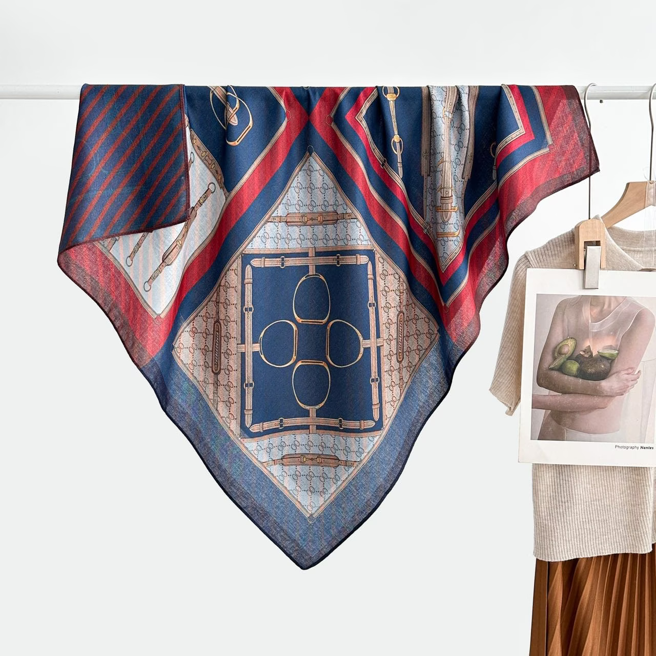 The 2025 new women's double-sided red square scarf is a versatile and fashionable printed oil painting silk scarf and shawl. It is a high-end trendy accessory for spring, summer, autumn and winter Specification image