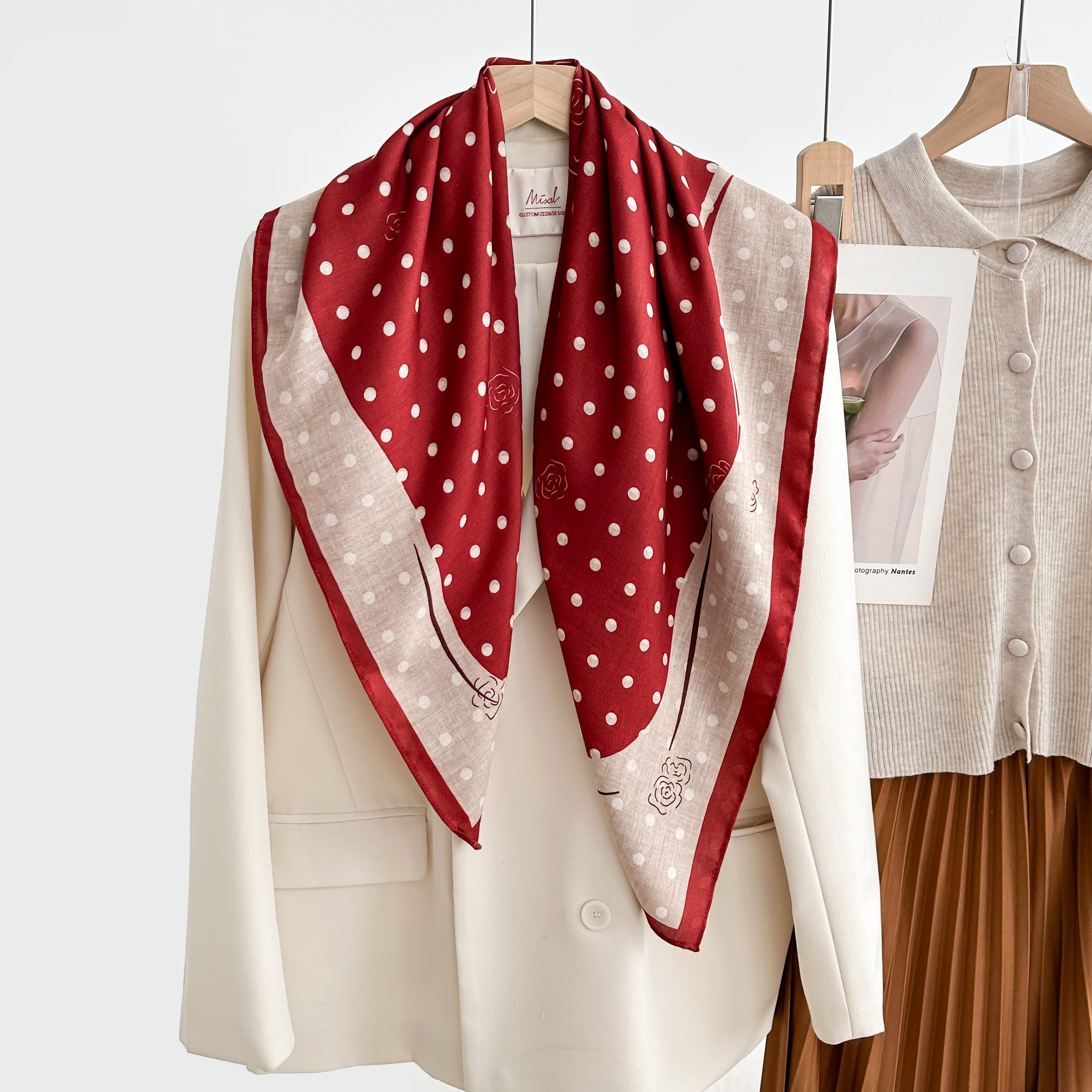 The 2025 new women's double-sided red polka dot print oil painting silk scarf is a fashionable shawl and a high-end trendy accessory for spring, summer, autumn and winter details Picture