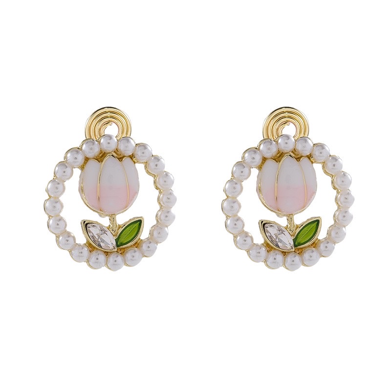 Fashionable And Cute Pearl Pink Flower Stud Earrings Exude A Sense Of High-End Luxury And Light Fashion