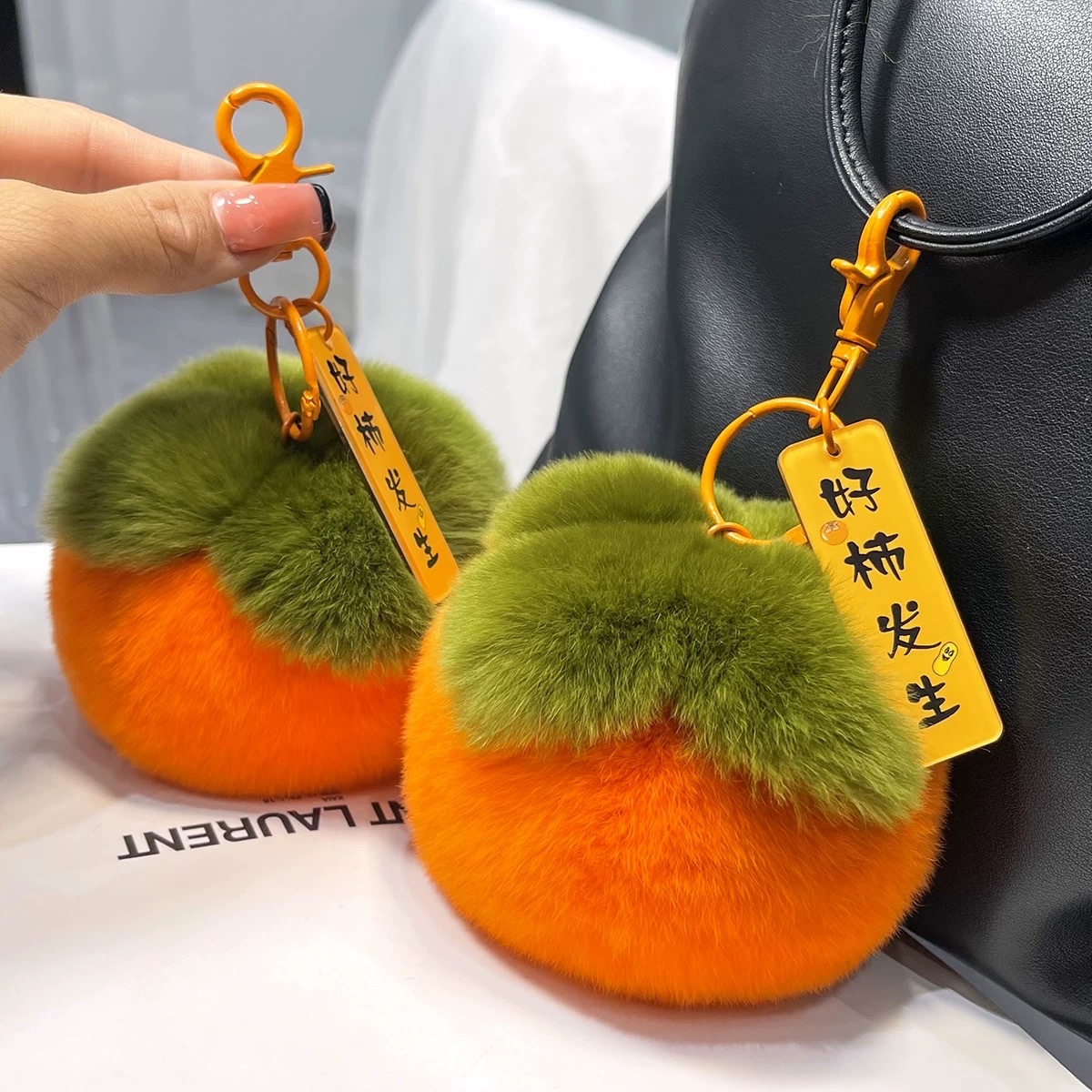 Real rex rabbit fur little persimmon car keychain pendant, ins cute plush ball schoolbag hanging decoration, birthday gift