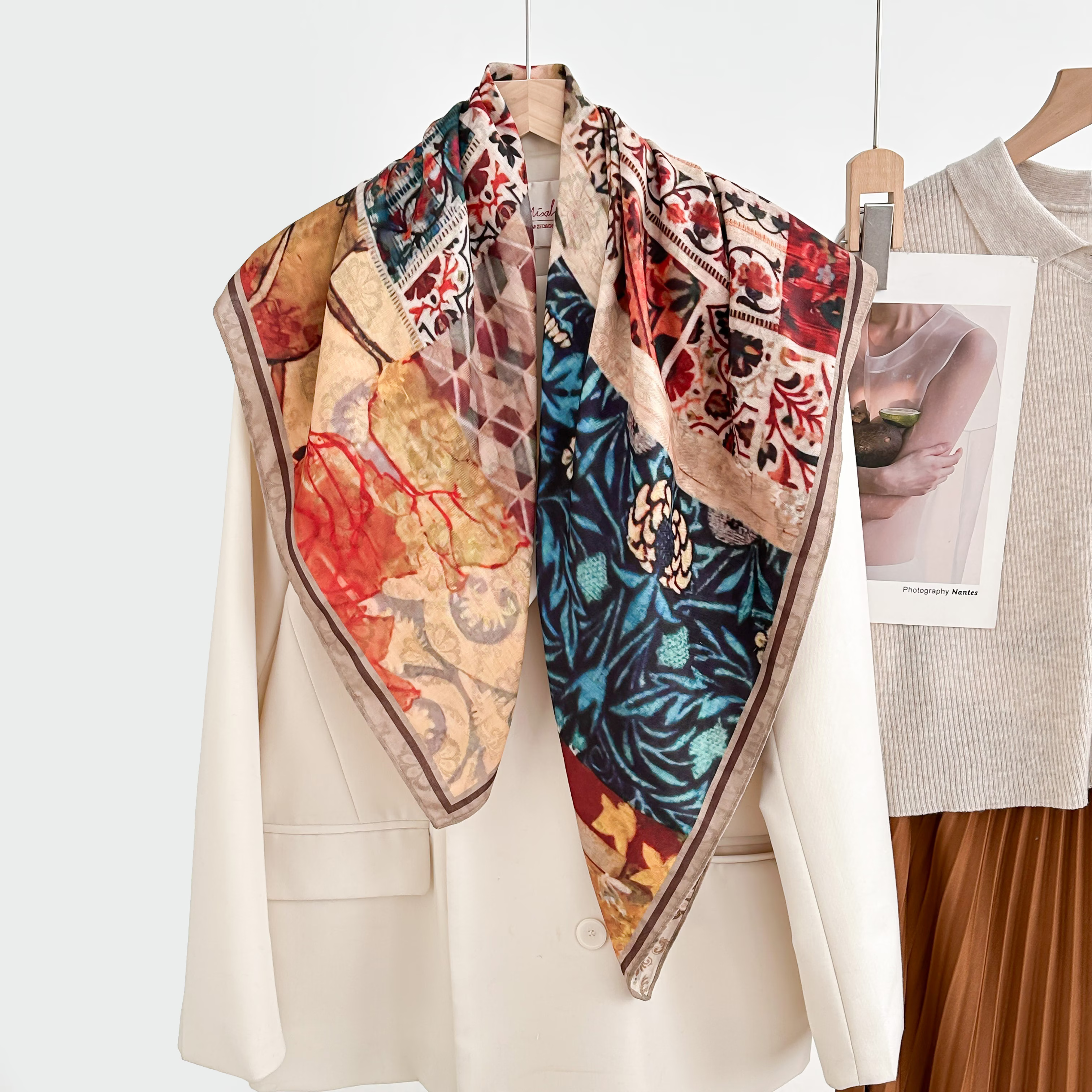 The 2025 new women's square scarf with double-sided, versatile and fashionable printed oil painting silk scarf shawl is a high-end autumn and winter trend accessory details Picture