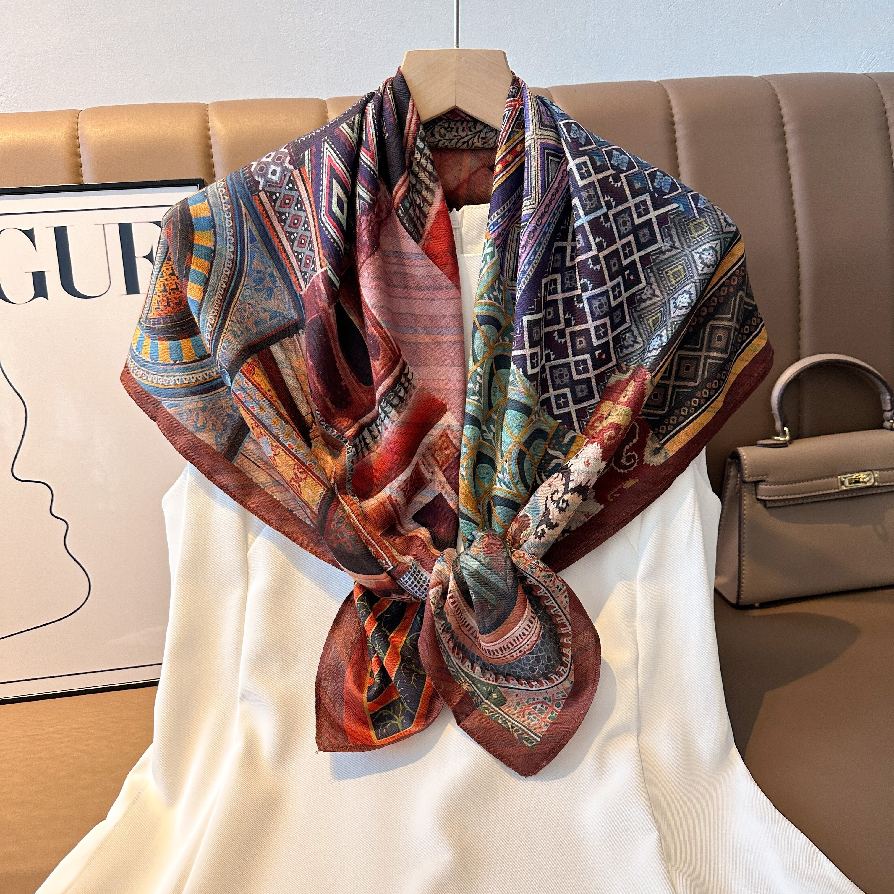 The 25-year new women's double-sided square scarf is a versatile and fashionable printed oil painting silk scarf and shawl. It is a high-end trendy accessory for spring, summer, autumn and winter
