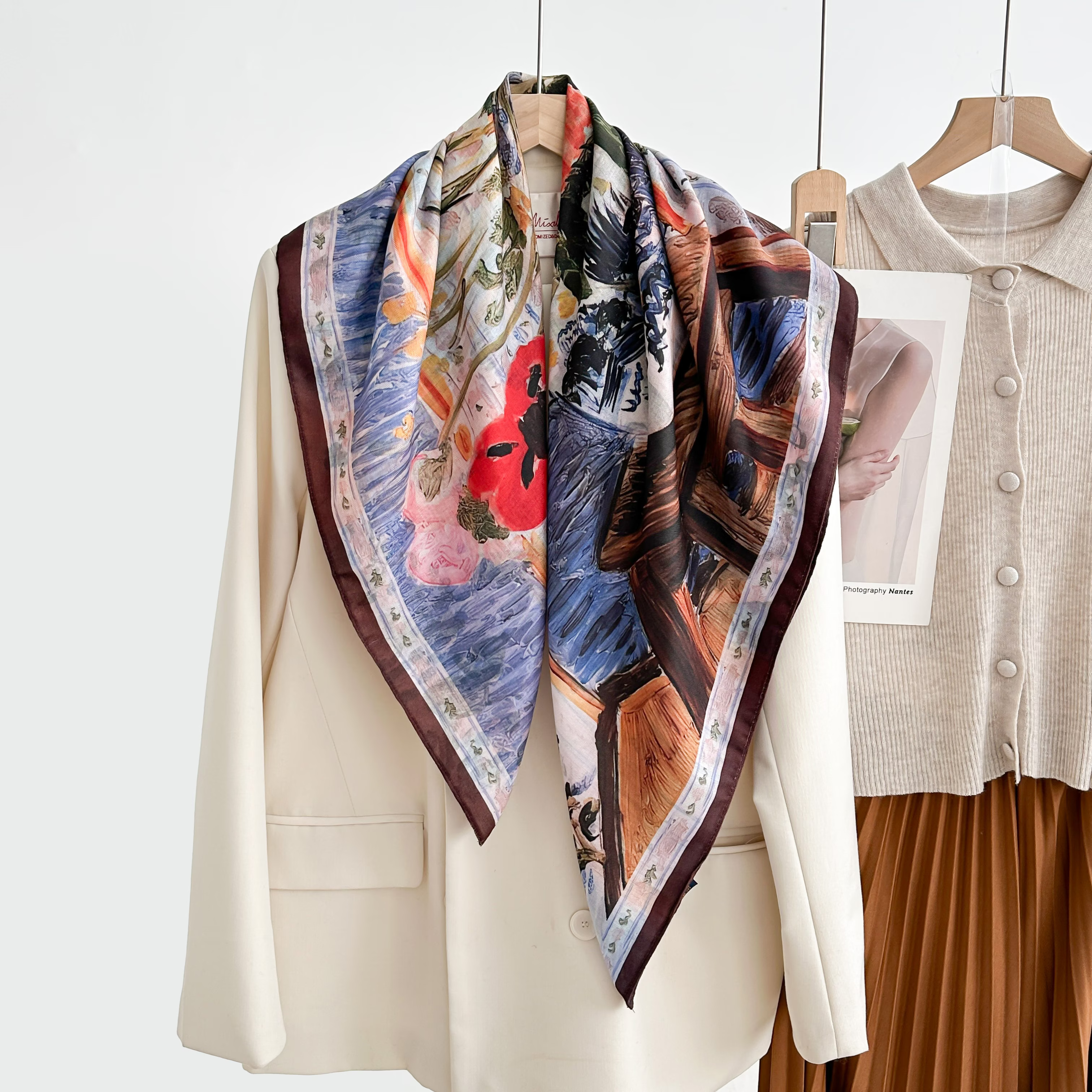 The new style of women's square scarf in 2025 features a double-sided, versatile, fashionable printed oil painting silk scarf and shawl. It is a high-end, trendy accessory for spring, summer, autumn and winter details Picture