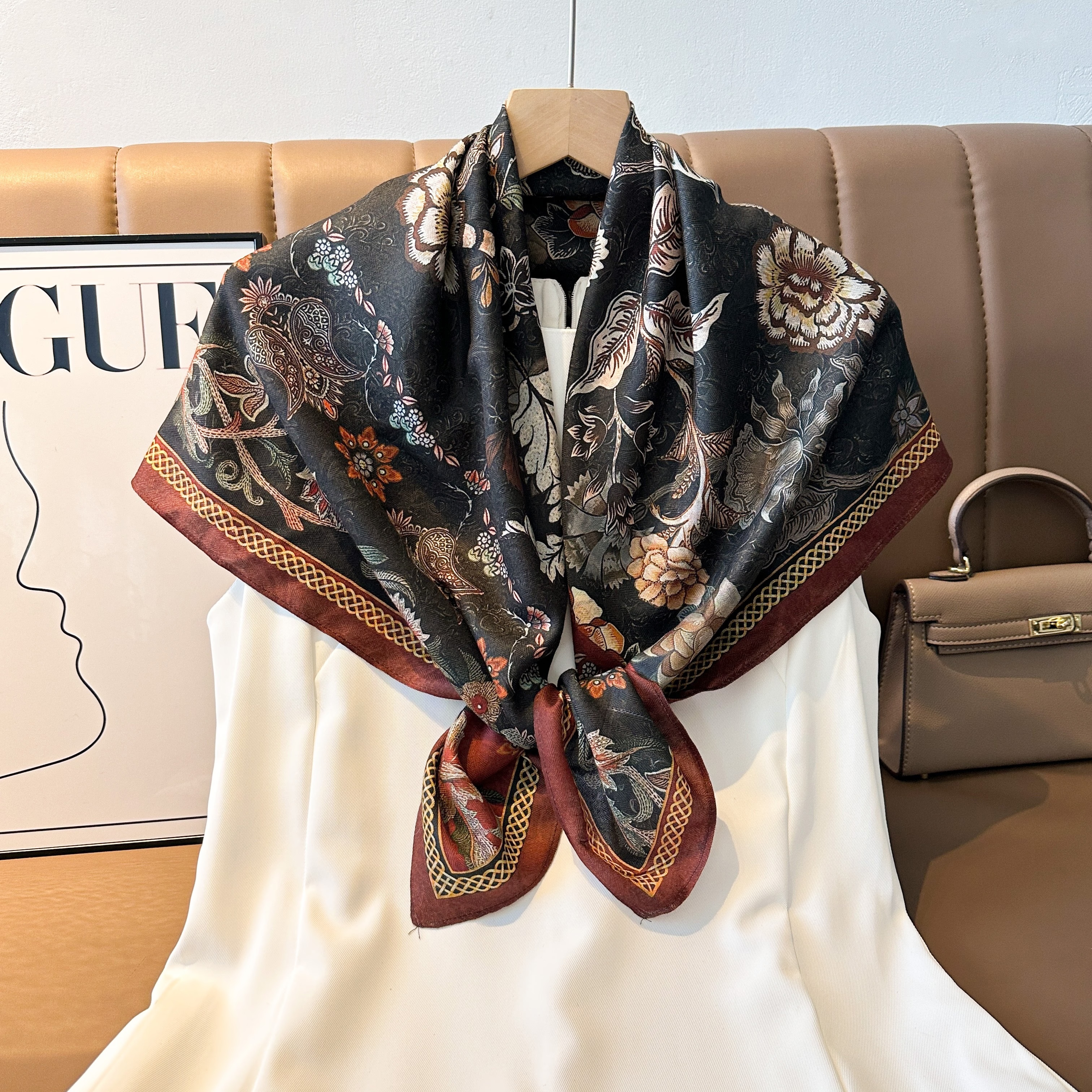 2025 New style square scarf for women, dark and versatile, fashionable printed oil painting silk scarf, fashionable shawl, high-end spring, summer, autumn and winter trendy accessories