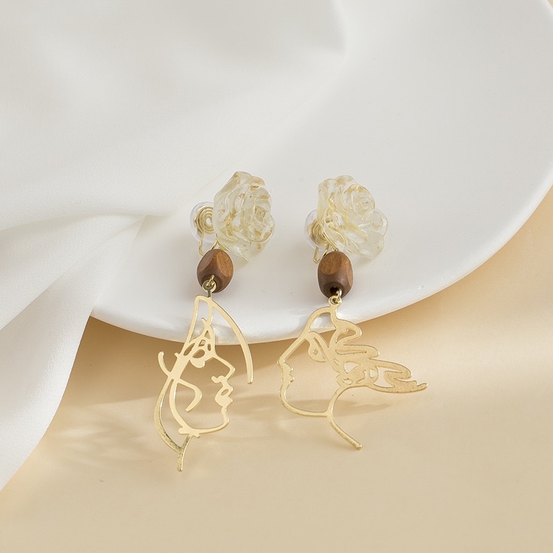 French Retro Rose Abstract Figure Earrings, Stud Earrings, Asymmetrical Female Face, Long Mosquito-Repellent Incense Plate, Ear Clips, No Ear Holes details Picture