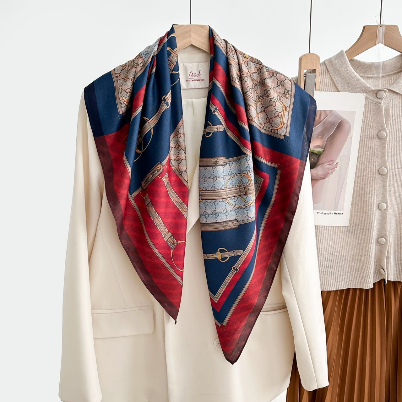 The 2025 new women's double-sided red square scarf is a versatile and fashionable printed oil painting silk scarf and shawl. It is a high-end trendy accessory for spring, summer, autumn and winter details Picture