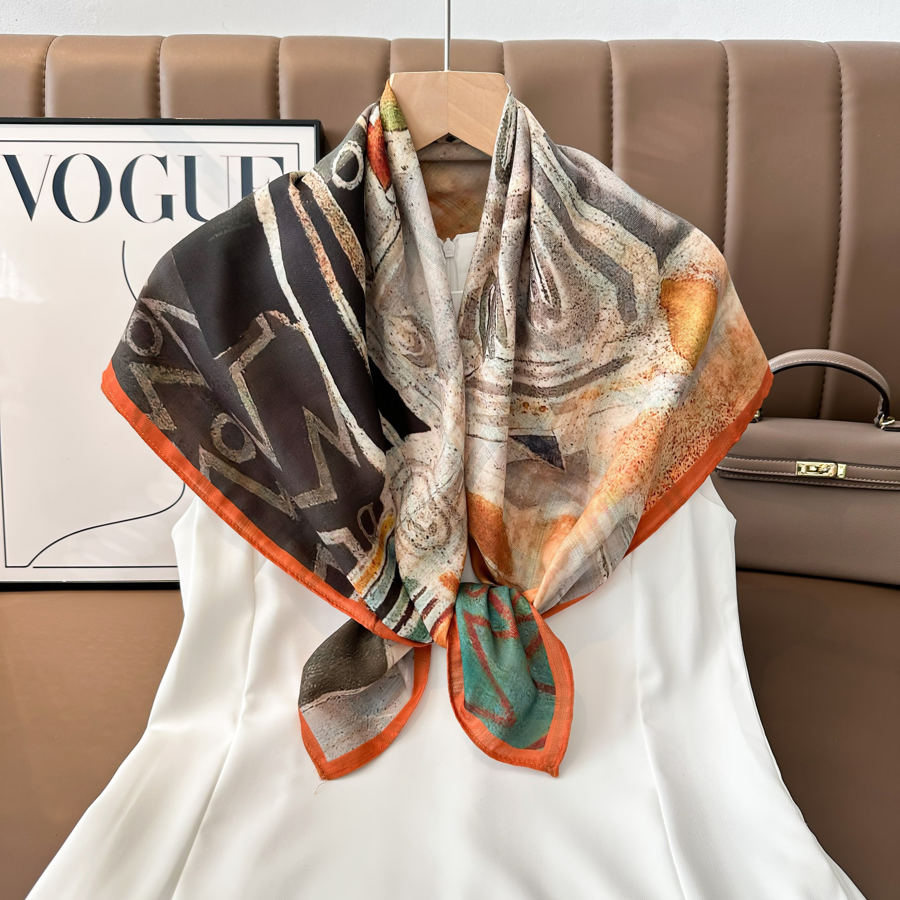 The new style of the 2025 square scarf for women is a fresh and stylish double-sided printed oil painting silk scarf shawl, a high-end autumn and winter trend accessory