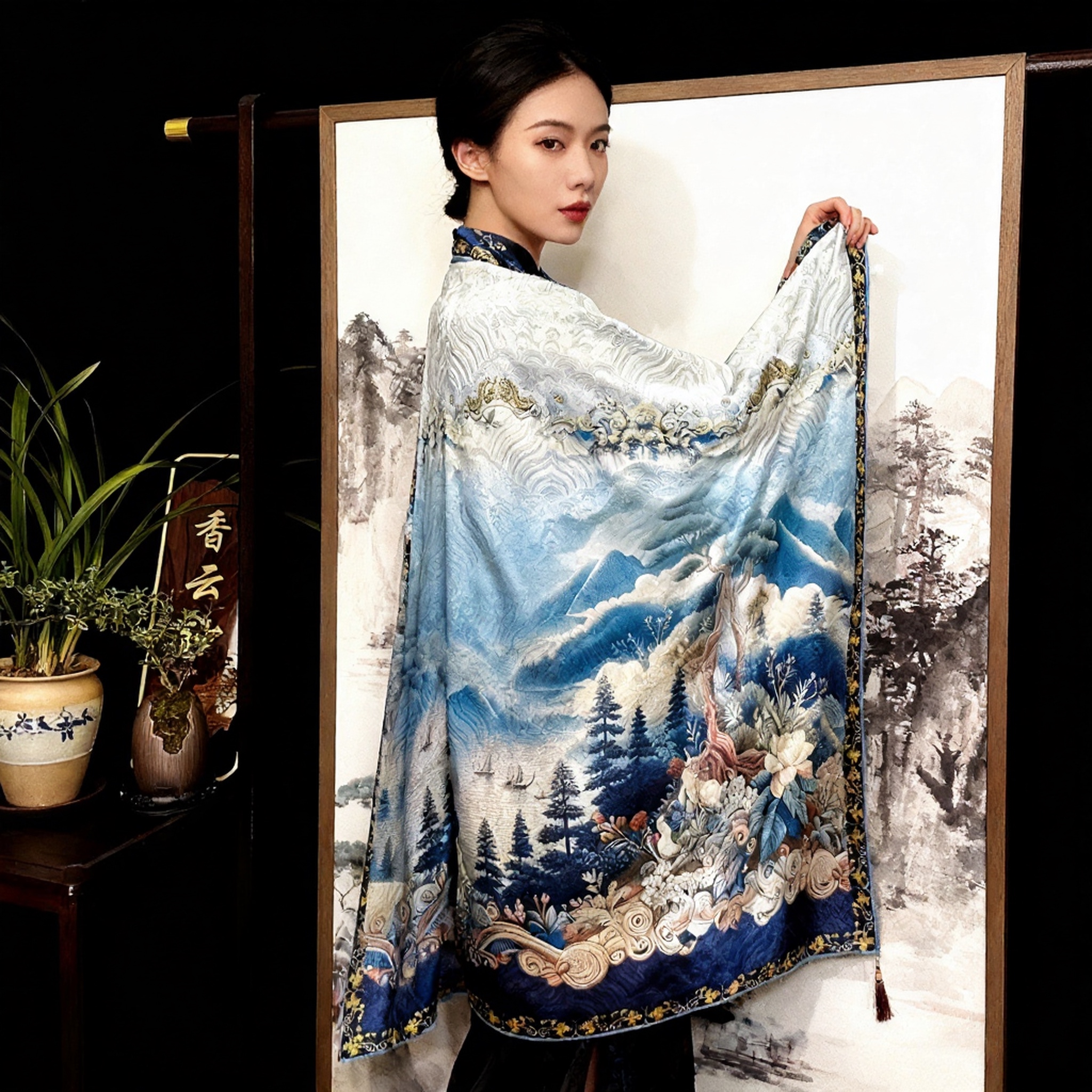 Yunjian Songlan Dragon Scale pattern Traditional Chinese style versatile shawl long scarf 70*180 detail image 2
