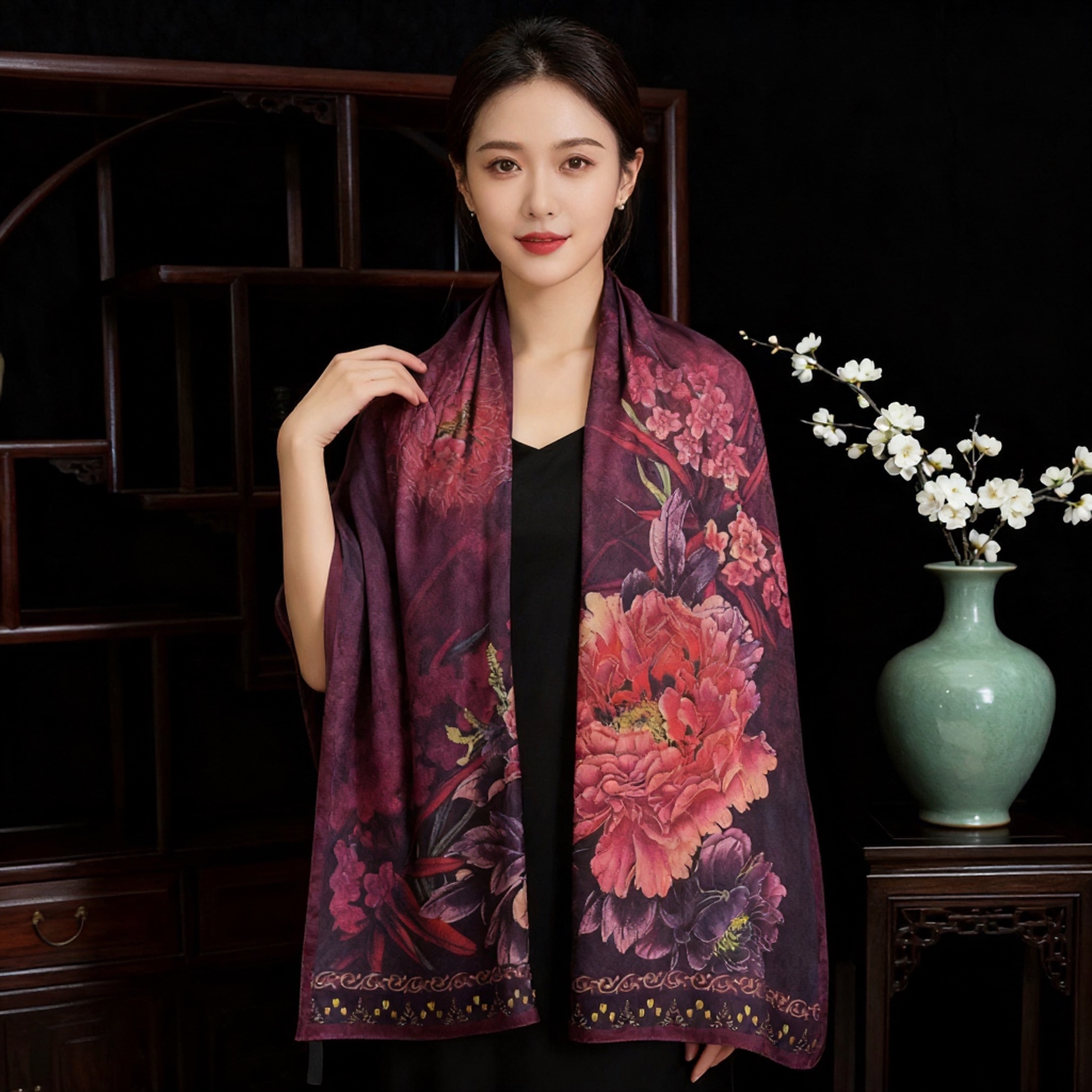 紫牡丹花萝新中式国风披肩长巾70*180产品图
