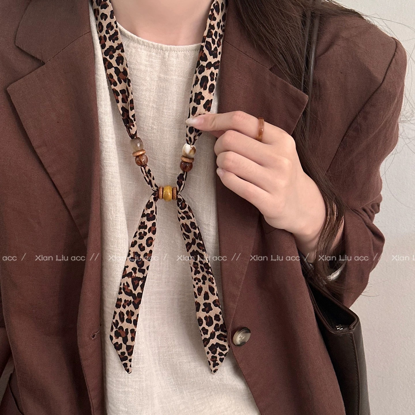 Retro cashew flower beaded silk scarf necklace for women, unique and niche design, adjustable sweater chain, atmosphere accessory, women's cold style silk scarf sweater chain, versatile necklace detail image 8