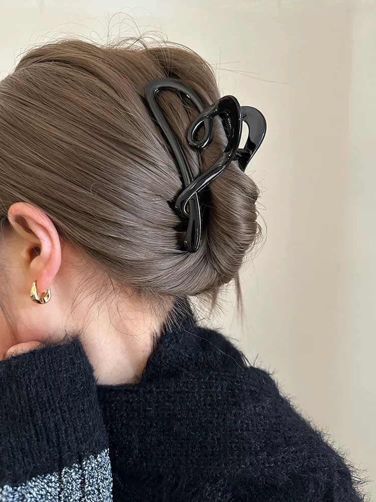 Busan复古ins风黑茶色不规则爱心大号抓夹女韩国百搭气质鲨鱼夹