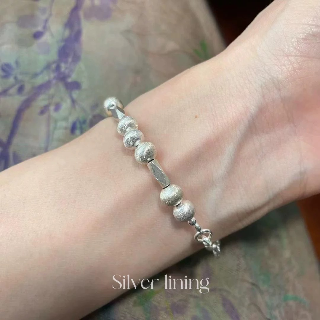 Silverlining泰国手工原创拉丝圆球玉石珍珠手链S925银小众高级泰国手工小花拉丝圆球双层手链S925银甜美手链细节图