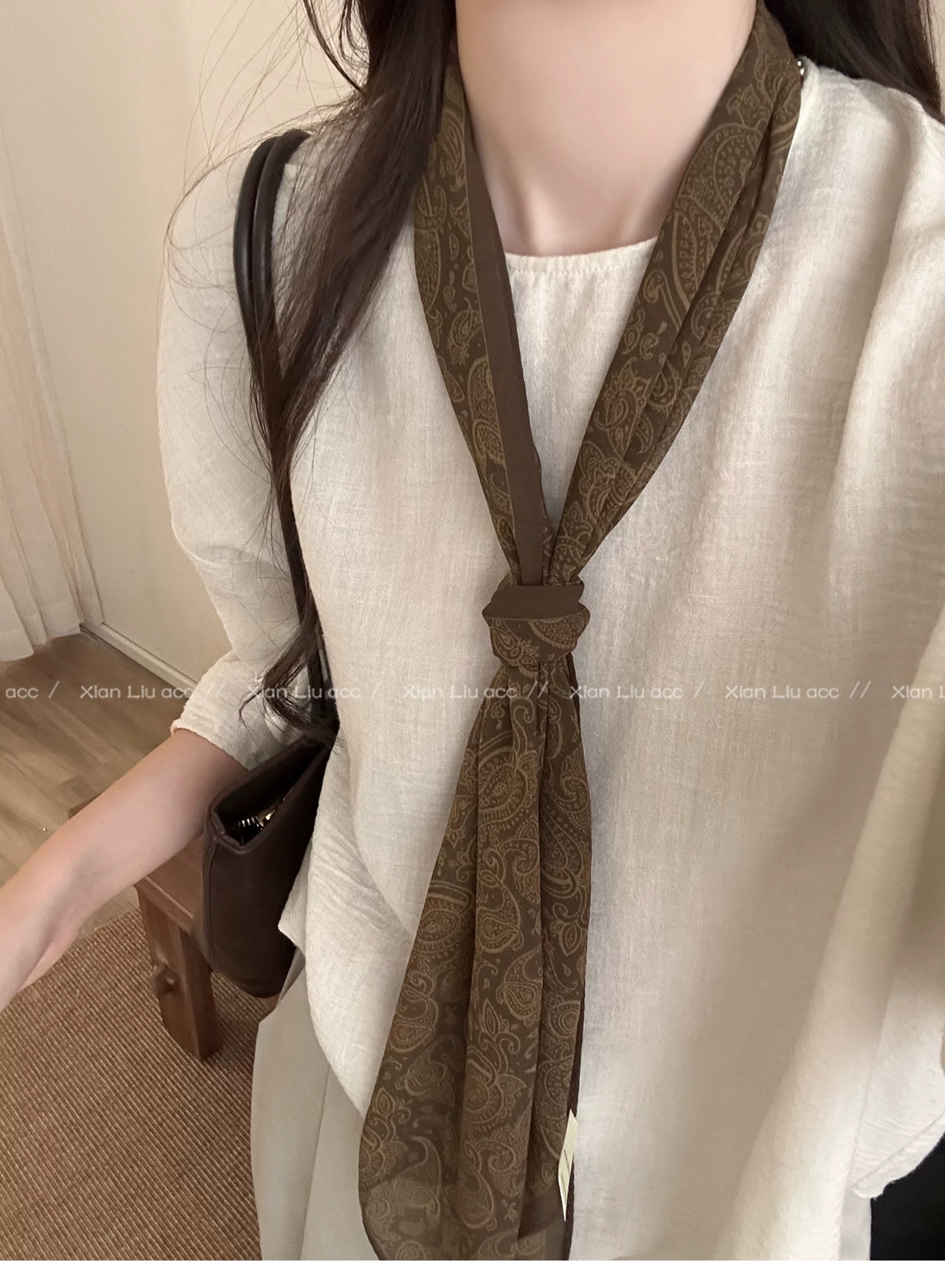 Retro autumn and winter cashew flower long silk scarf for women, 2025 new style high-end scarf, neckerchief, autumn and winter atmosphere accessory, scarf, silk scarf, white matching silk scarf necklace Application Scenario