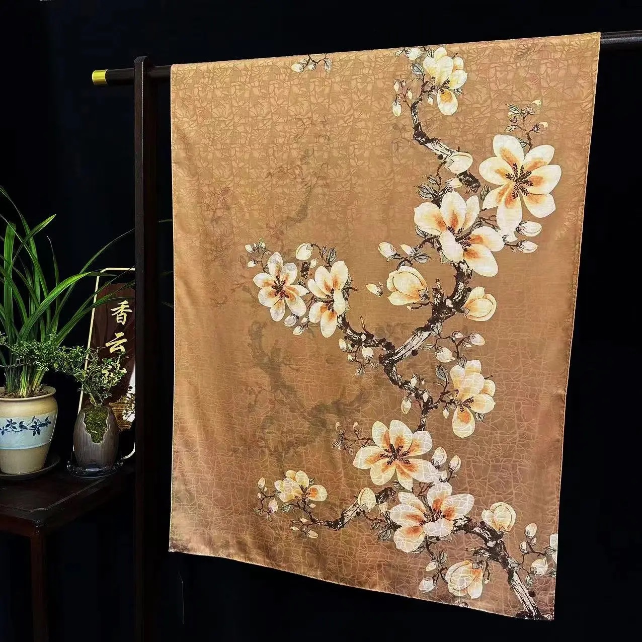 New Chinese-style shawl long scarf with magnolia flower blooming and turtle crack pattern, 70*180