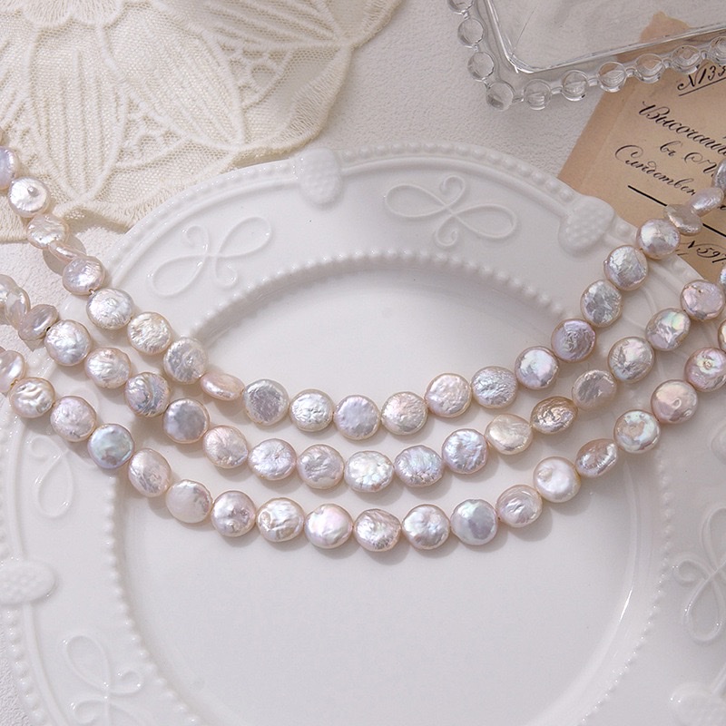 Defective 11mm button pearl, natural freshwater pearl with nucleus, irregular shape, flat and round, slightly flawed jewelry details Picture