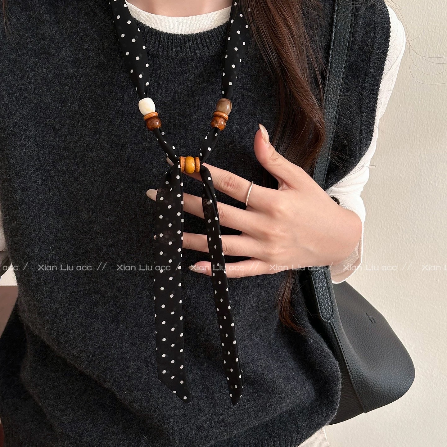 Retro cashew flower beaded silk scarf necklace for women, unique and niche design, adjustable sweater chain, atmosphere accessory, women's cold style silk scarf sweater chain, versatile necklace detail image 11