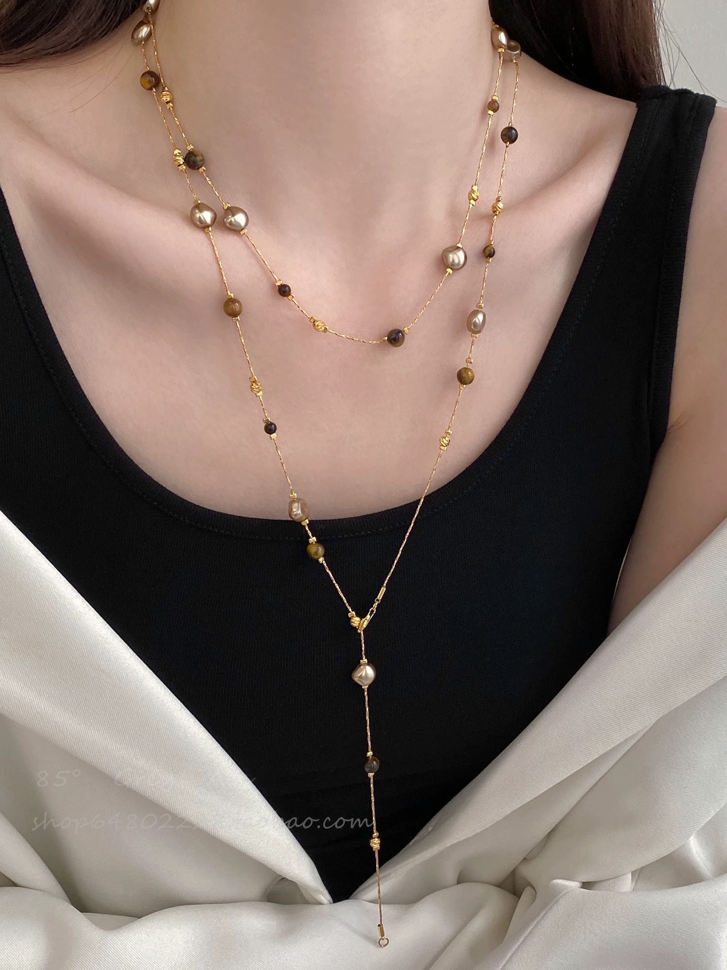 美拉德虎眼石珍珠项链女秋冬季2025爆款百搭轻奢高级感长款毛衣链珍珠项链珍珠项链珍珠项链细节图