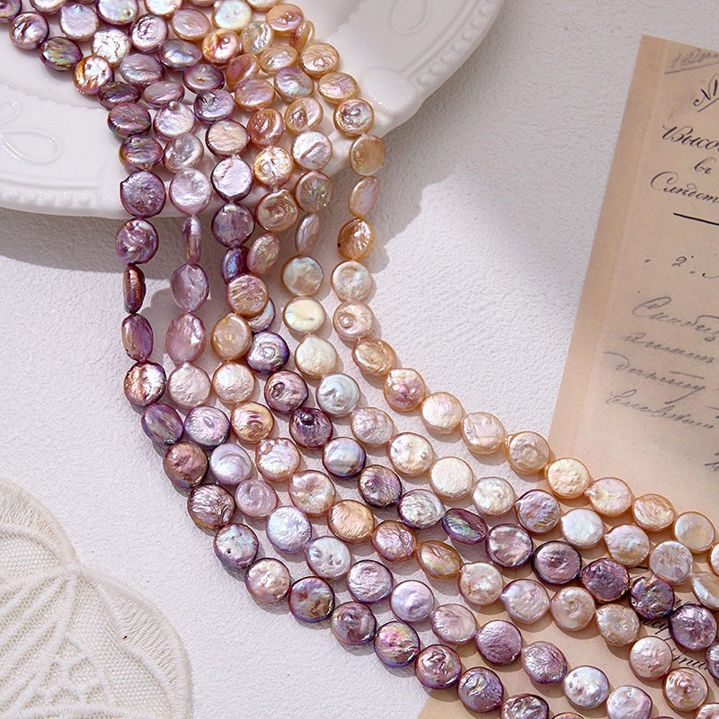 Rare 10mm button-colored mini flat round natural water pearls, high-quality small-grain natural freshwater pearls, irregularly shaped silver