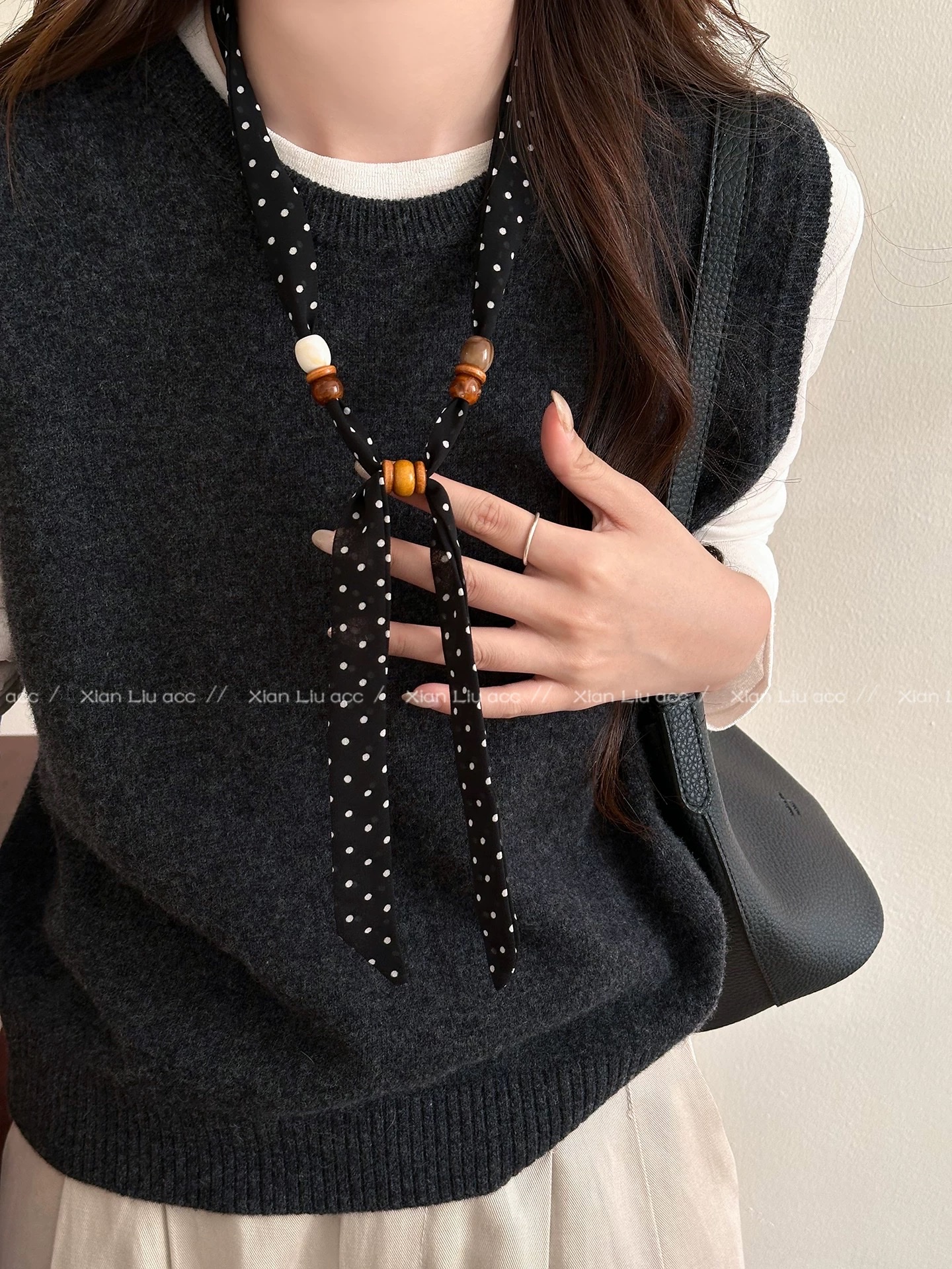 Retro cashew flower beaded silk scarf necklace for women, unique and niche design, adjustable sweater chain, atmosphere accessory, women's cold style silk scarf sweater chain, versatile necklace detail image 5