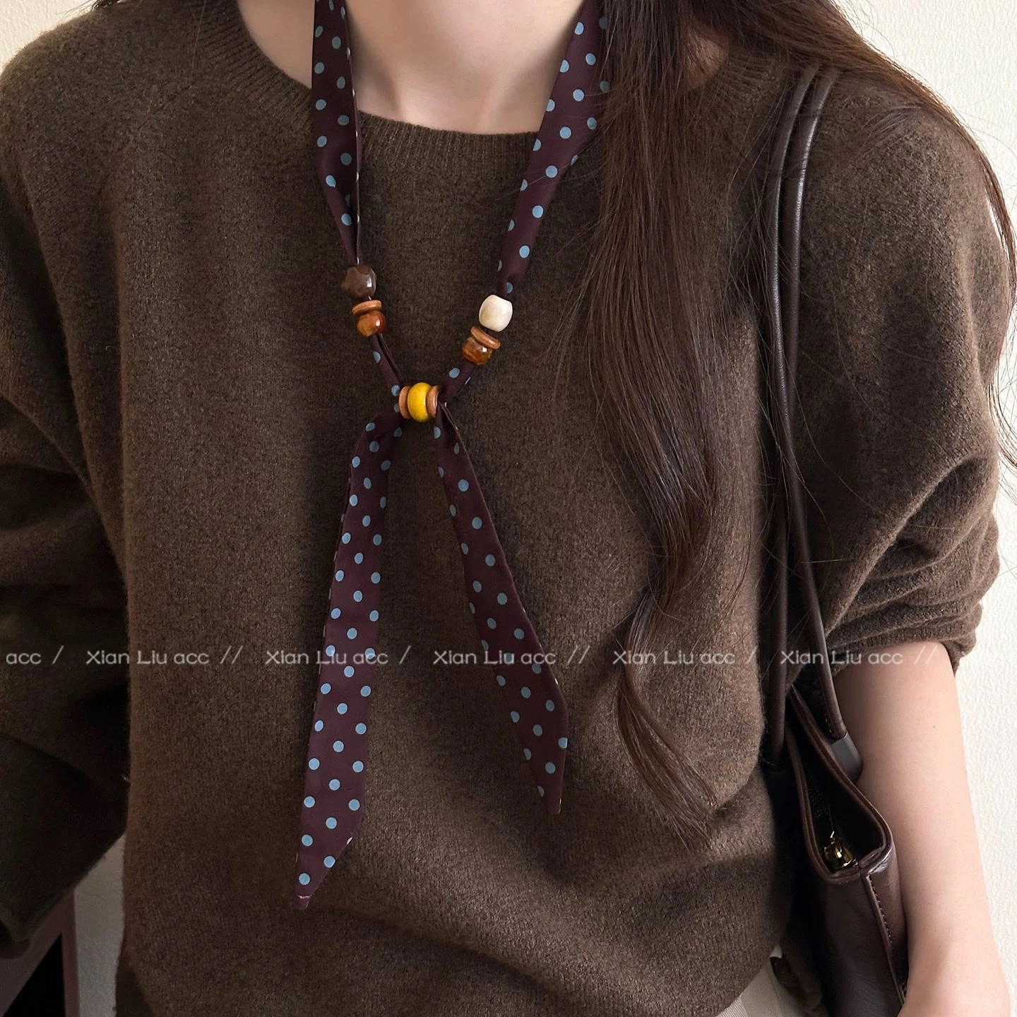 Retro cashew flower beaded silk scarf necklace for women, unique and niche design, adjustable sweater chain, atmosphere accessory, women's cold style silk scarf sweater chain, versatile necklace detail image 12