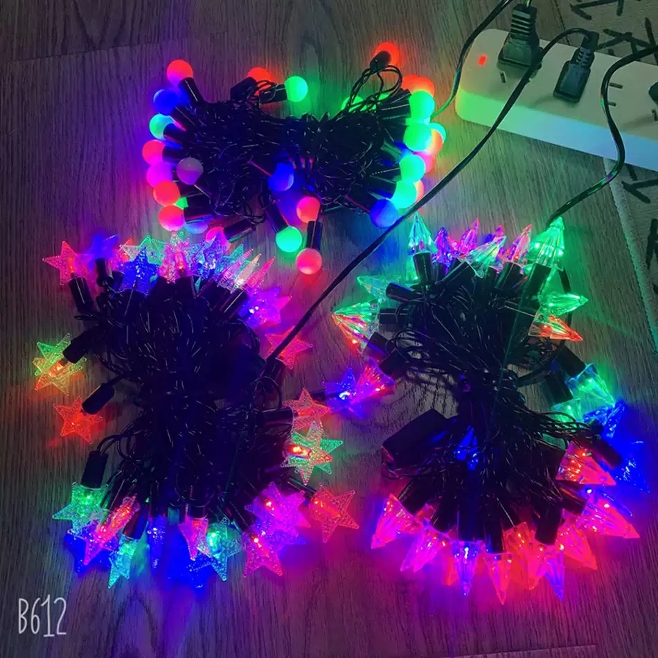 led双色泡闪灯串 户外圣诞庭院插电款小圆球五角星三角树发光串灯 