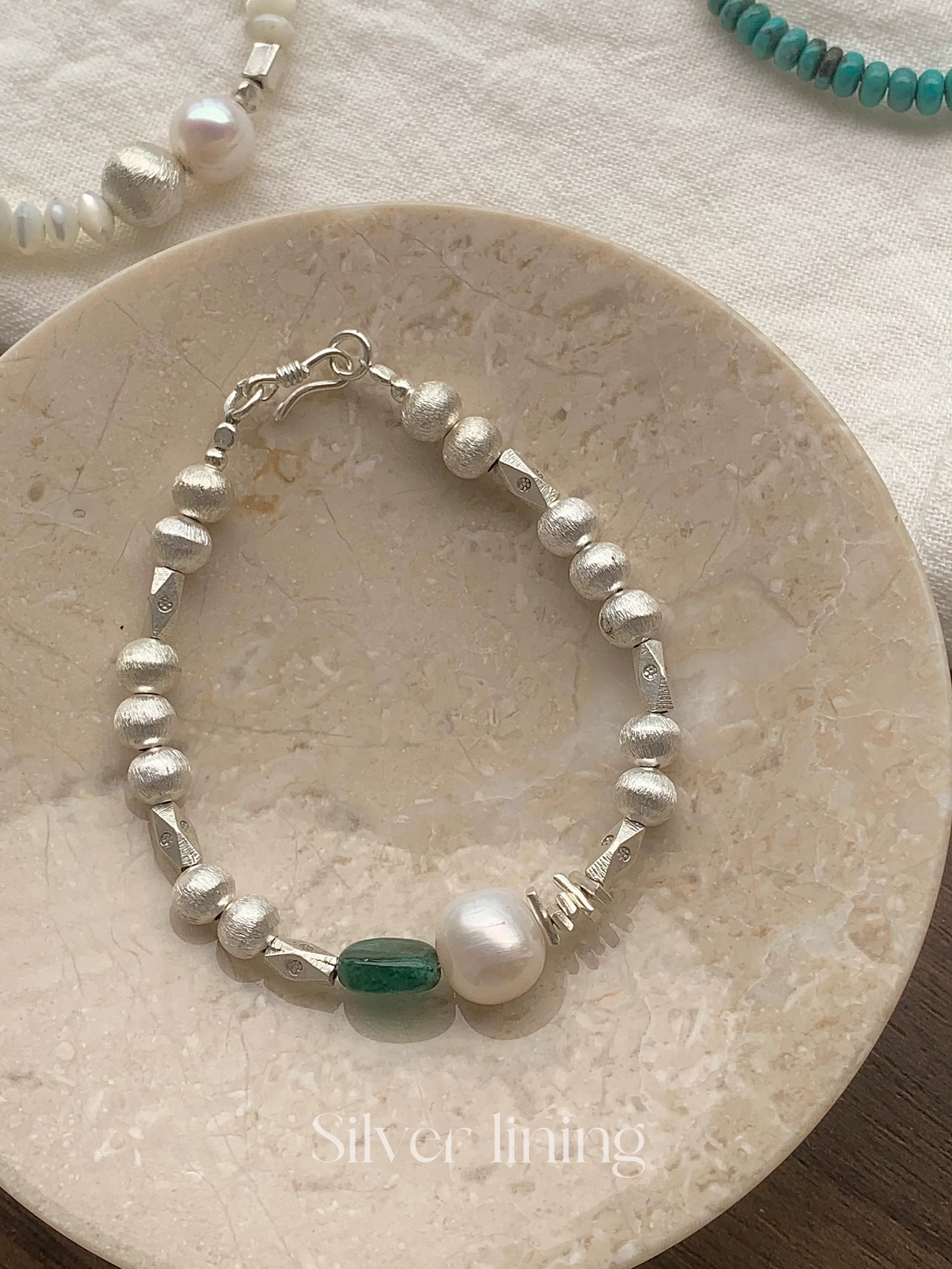 Silverlining泰国手工原创拉丝圆球玉石珍珠手链S925银小众高级泰国手工小花拉丝圆球双层手链S925银甜美手链