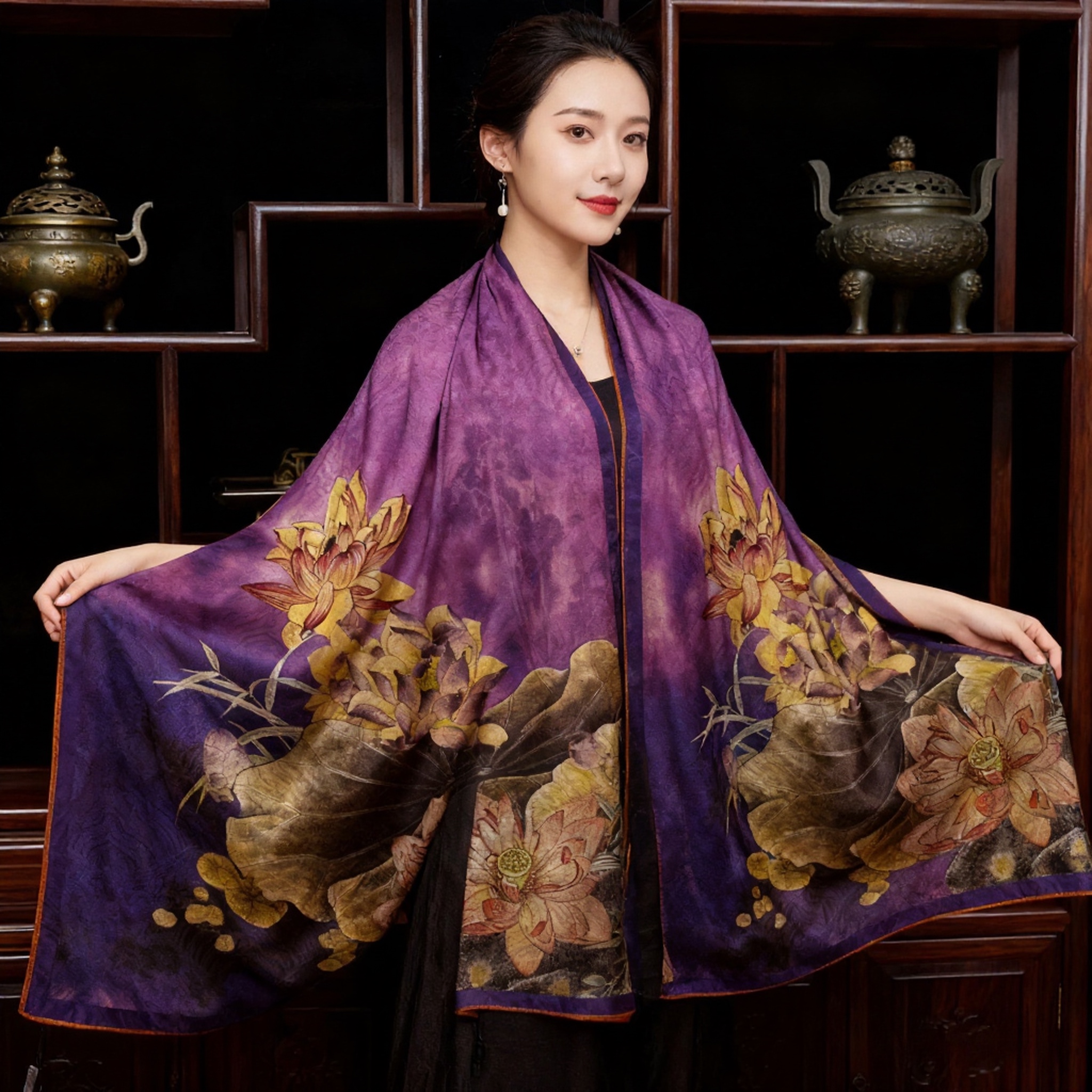 紫莲龙鳞纹新中式国风百搭披肩长巾70*180细节图