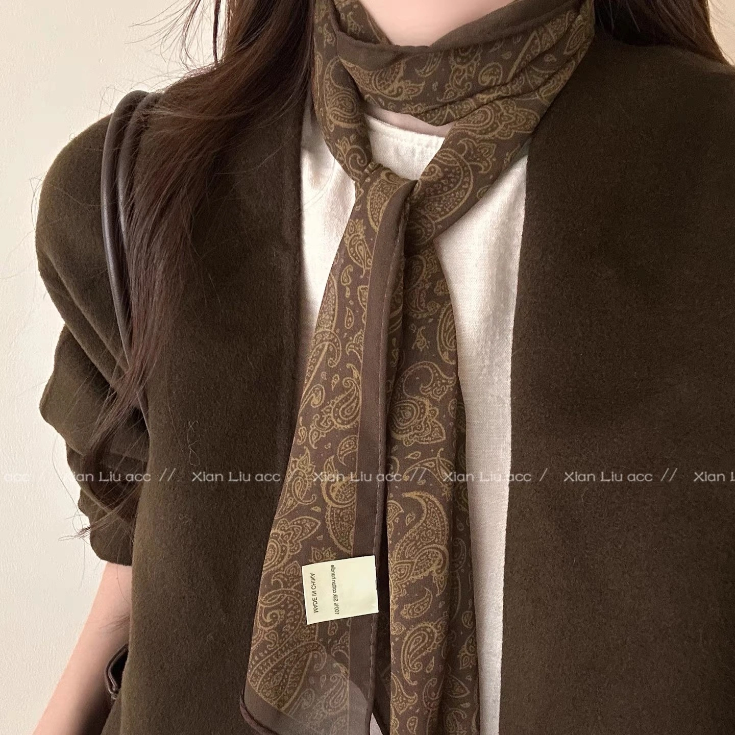 Retro autumn and winter cashew flower long silk scarf for women, 2025 new style high-end scarf, neckerchief, autumn and winter atmosphere accessory, scarf, silk scarf, white matching silk scarf necklace detail image 4