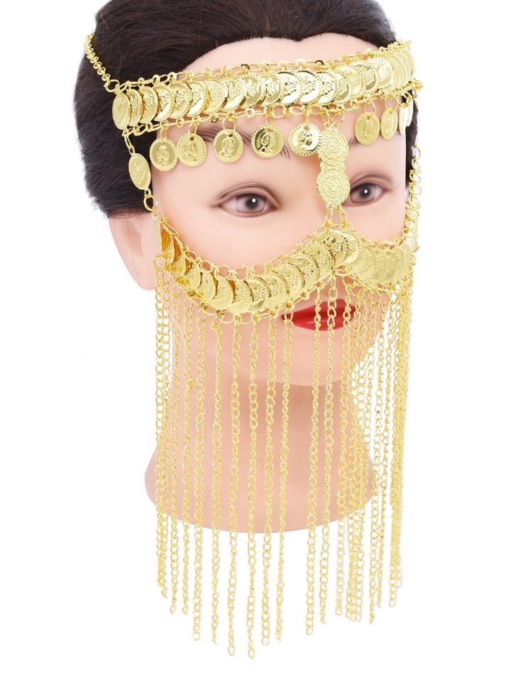 跨境热销面帘，复古金币面具异国风情金属链条流苏面纱表演配饰女首饰