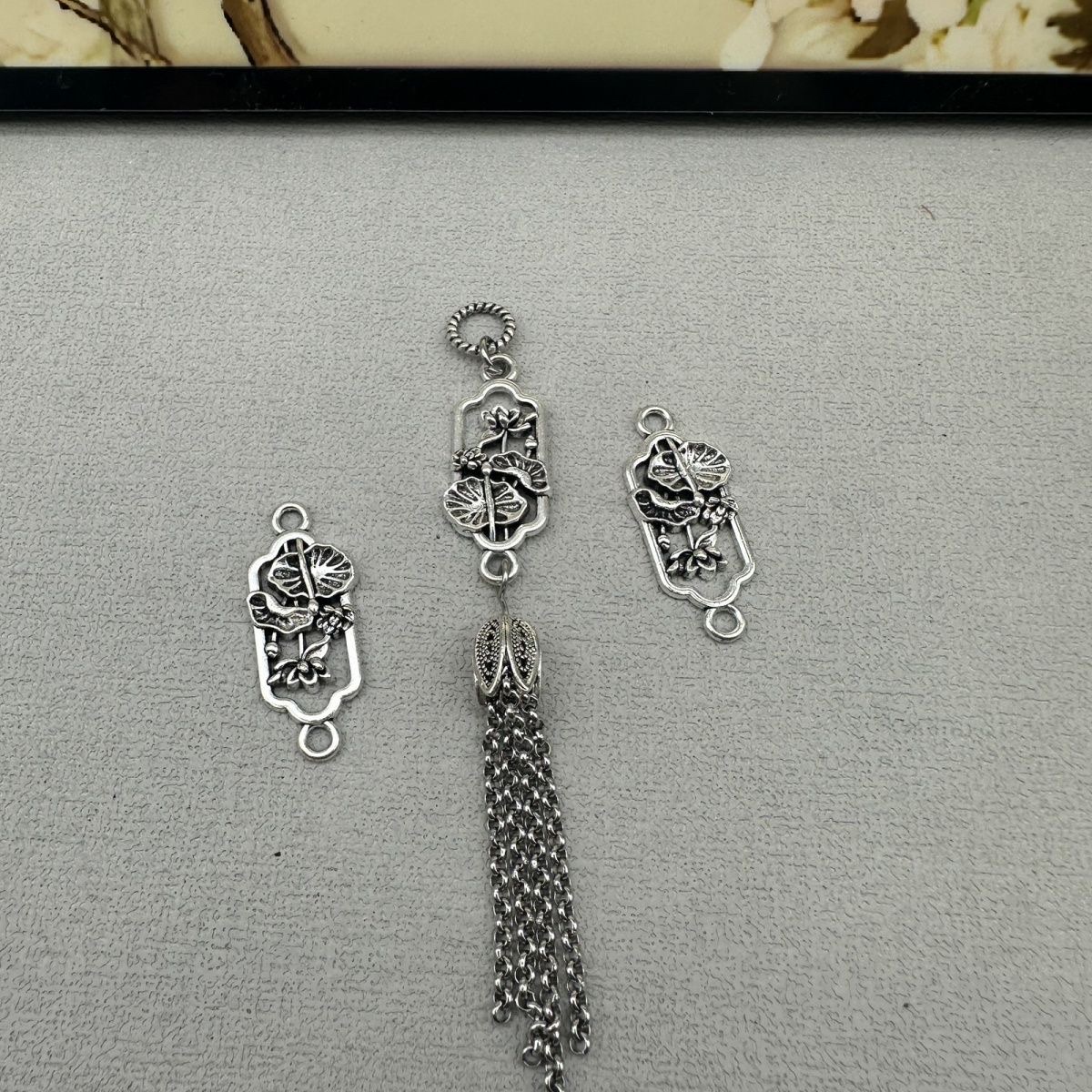 古银 合金国风荷塘月色双吊耳环耳坠配饰diy新中式手链耳环项链详情图4