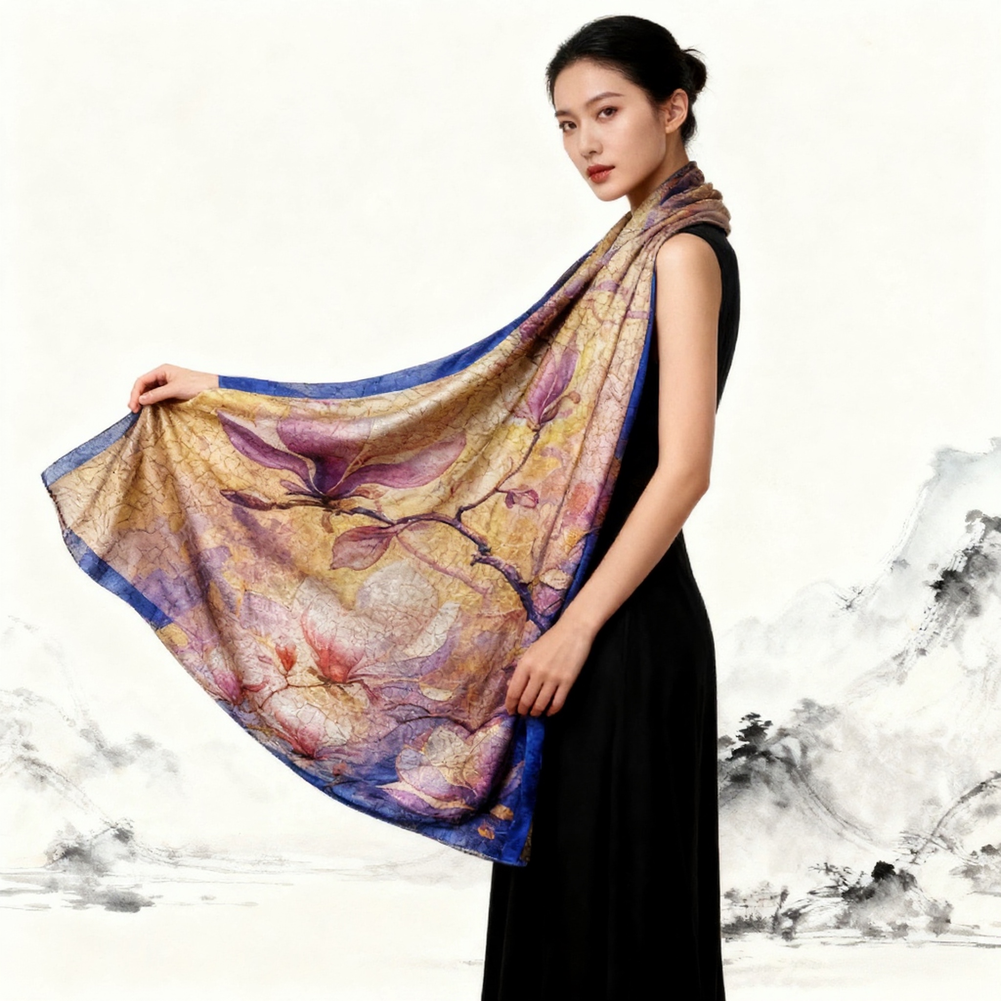 Magnolia flower turtle crack new Chinese-style versatile shawl long scarf 70*180 Specification image