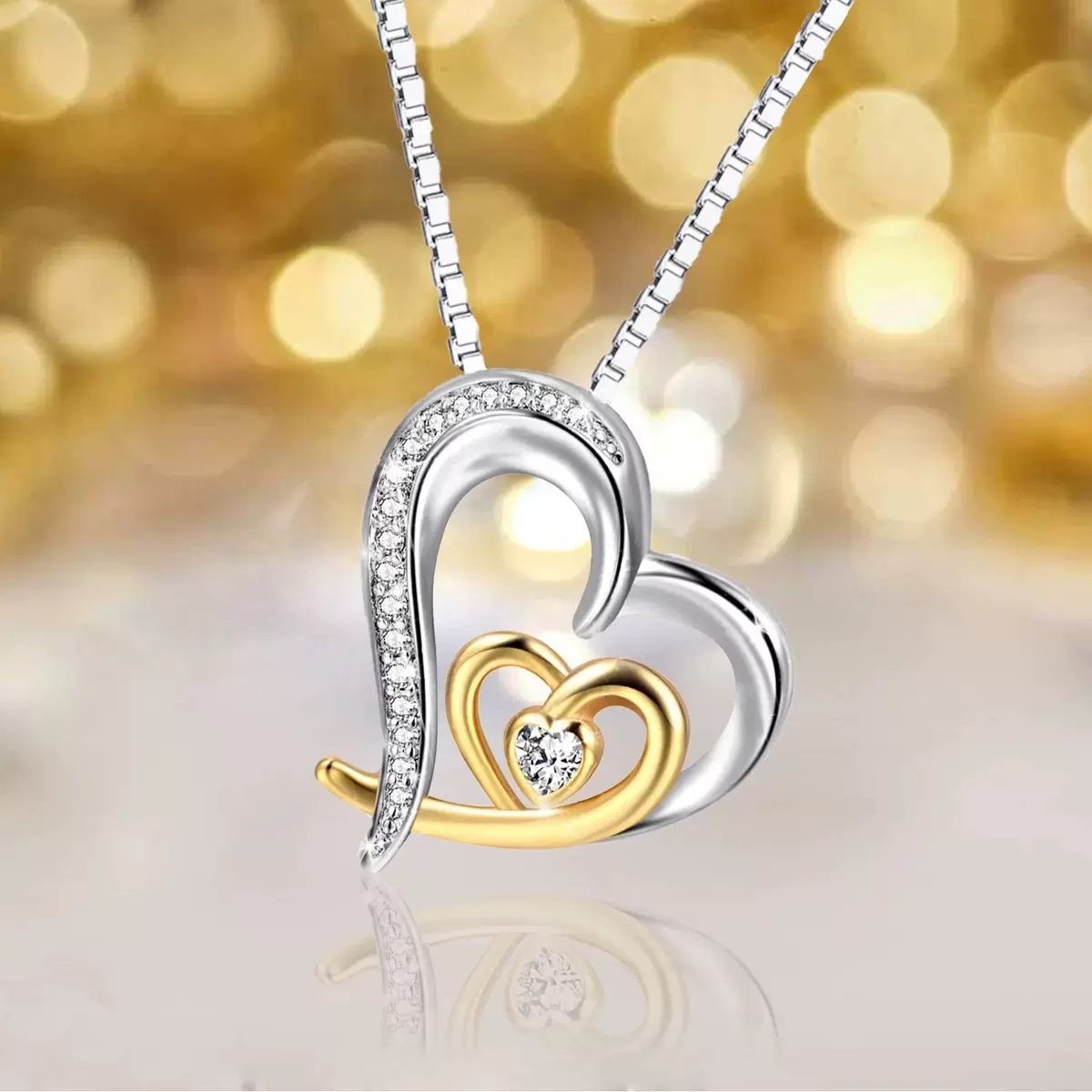 The New S925 Silver Necklace With A Unique Double Heart Color Separation Pendant Is A Cross-Border Women's Jewelry From Europe And America details Picture