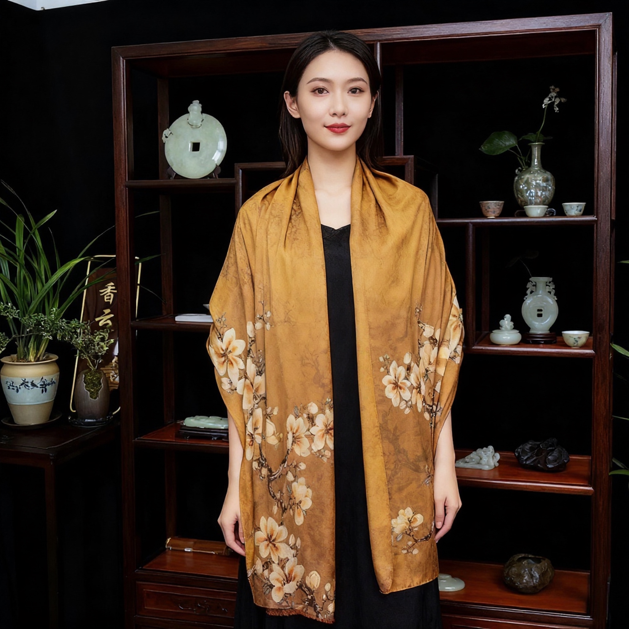 New Chinese-style shawl long scarf with magnolia flower blooming and turtle crack pattern, 70*180 detail image 2