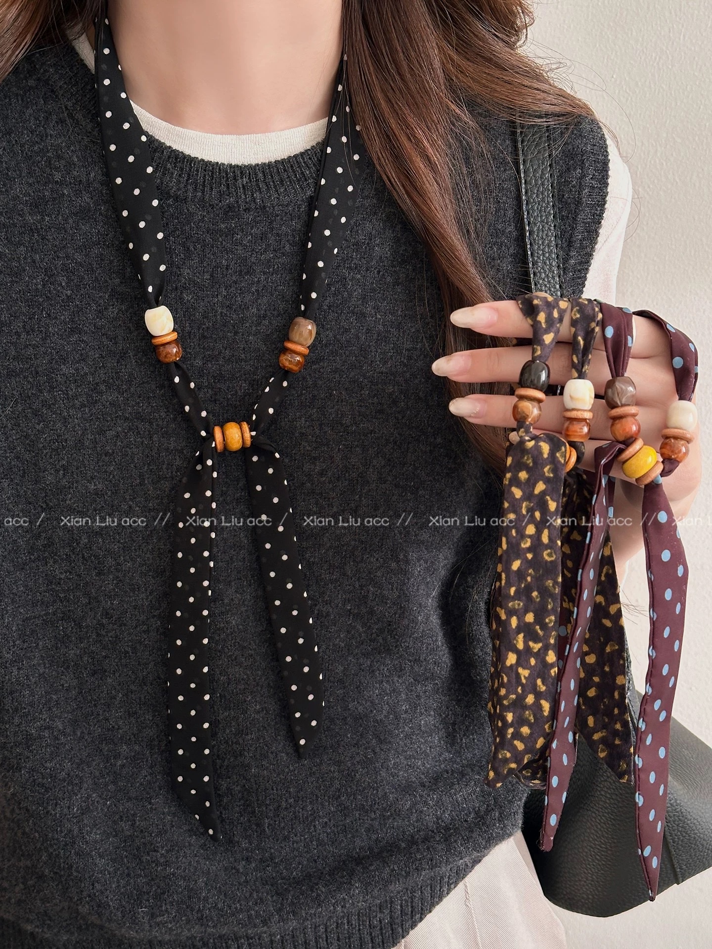 Retro cashew flower beaded silk scarf necklace for women, unique and niche design, adjustable sweater chain, atmosphere accessory, women's cold style silk scarf sweater chain, versatile necklace detail image 6