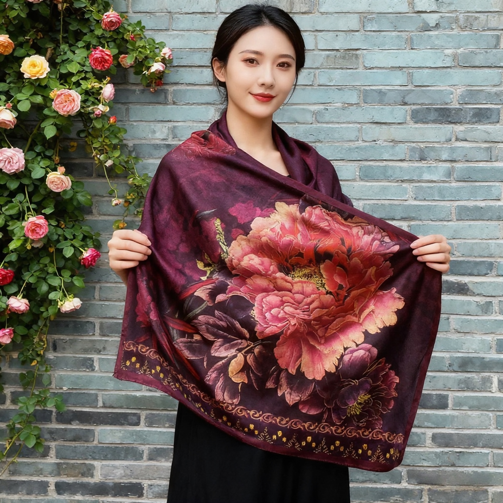 紫牡丹花萝新中式国风披肩长巾70*180详情图4