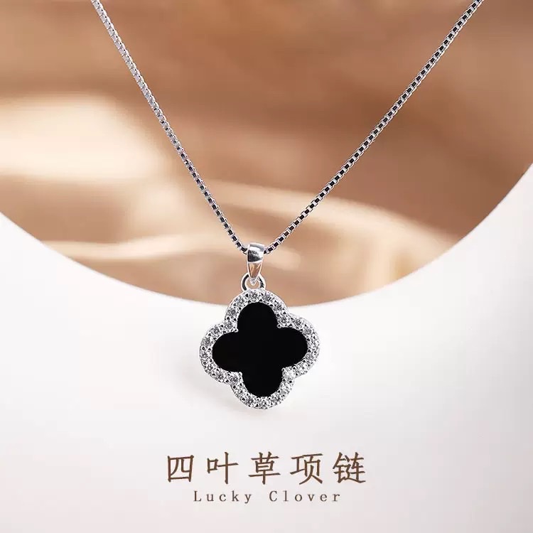韩版玛瑙四叶草项链女S925银简约气质锁骨链百搭银吊坠女饰品批发图