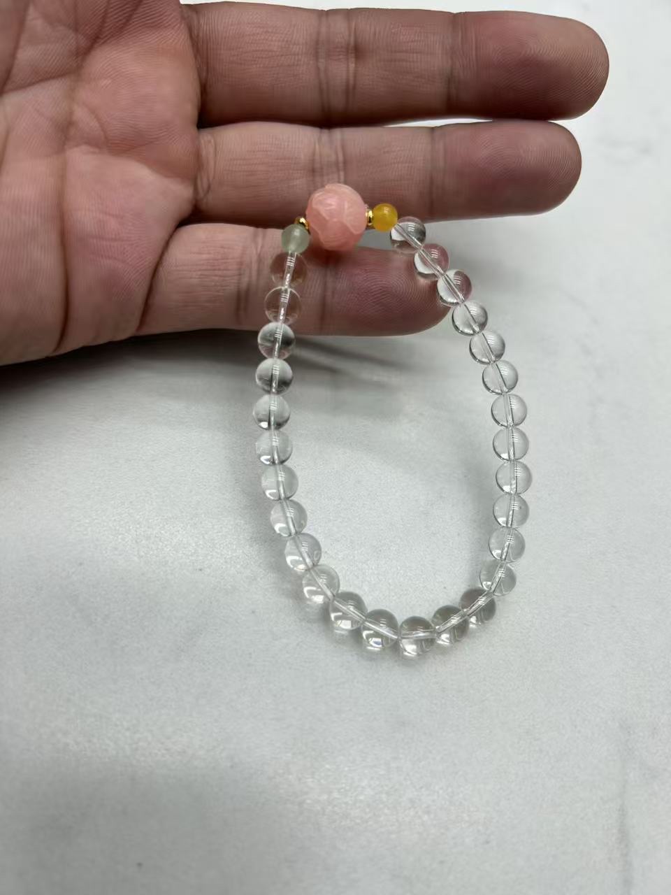 白水晶单圈手串 粉菩提莲花配饰 黄绿玛瑙点缀